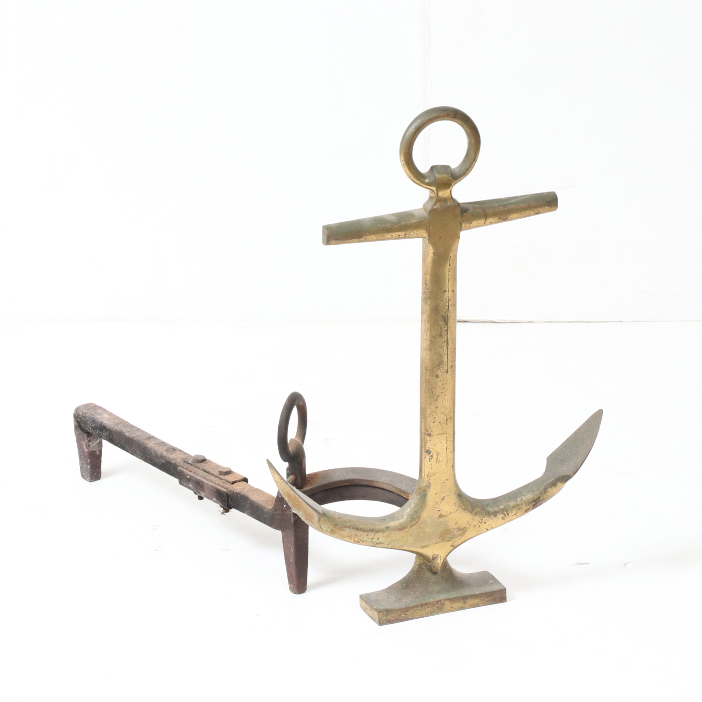 Pair of Rostand Brass and Wrought Iron Anchor Andirons, 20th Century