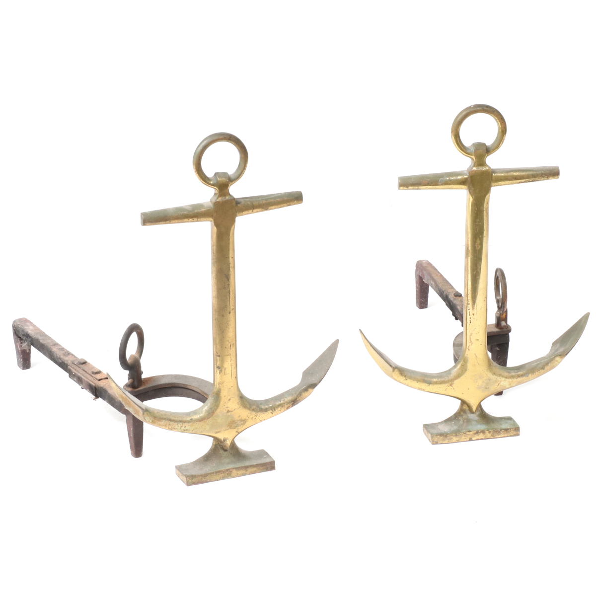 Pair of Rostand Brass and Wrought Iron Anchor Andirons, 20th Century