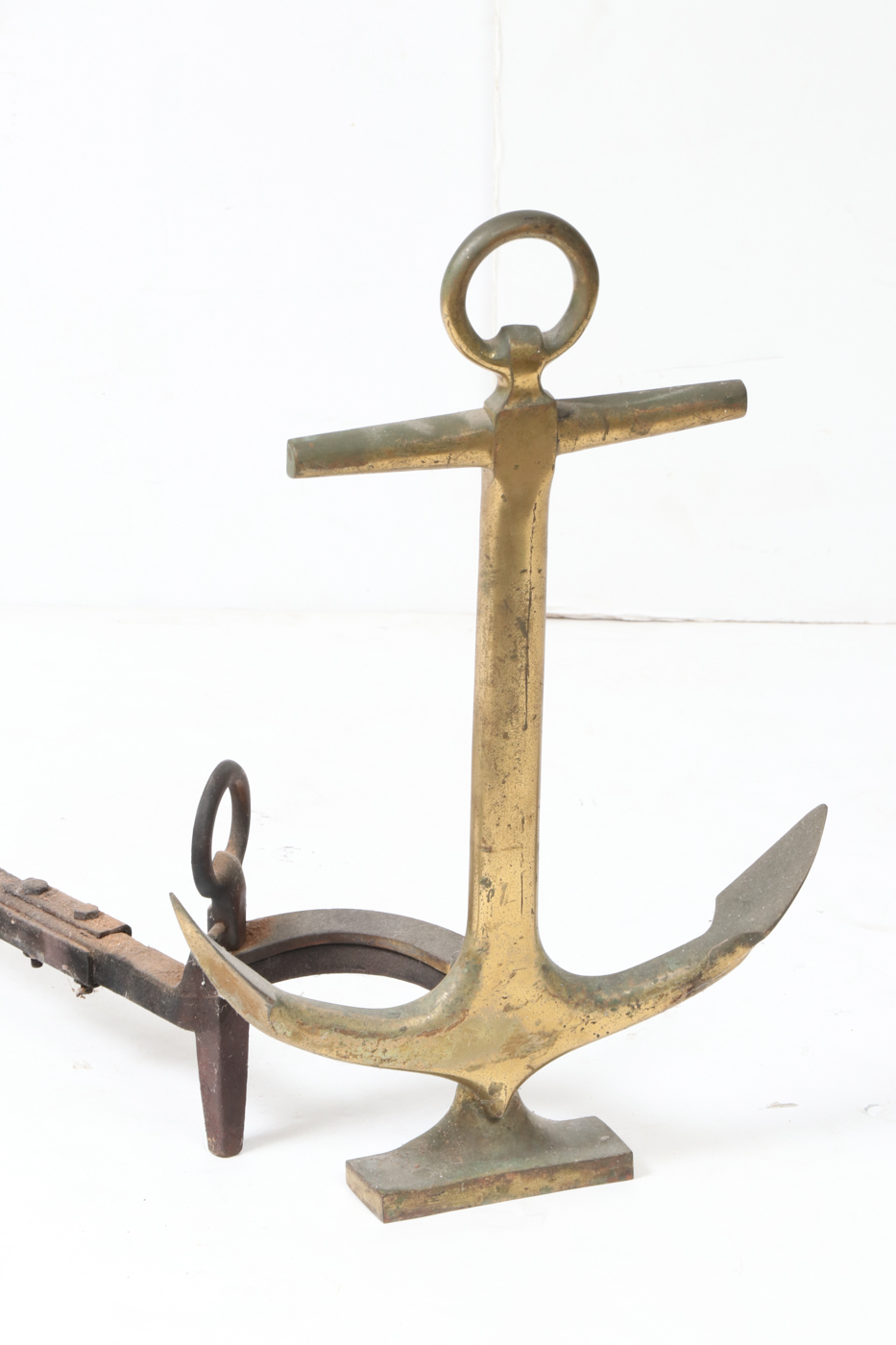 Pair of Rostand Brass and Wrought Iron Anchor Andirons, 20th Century