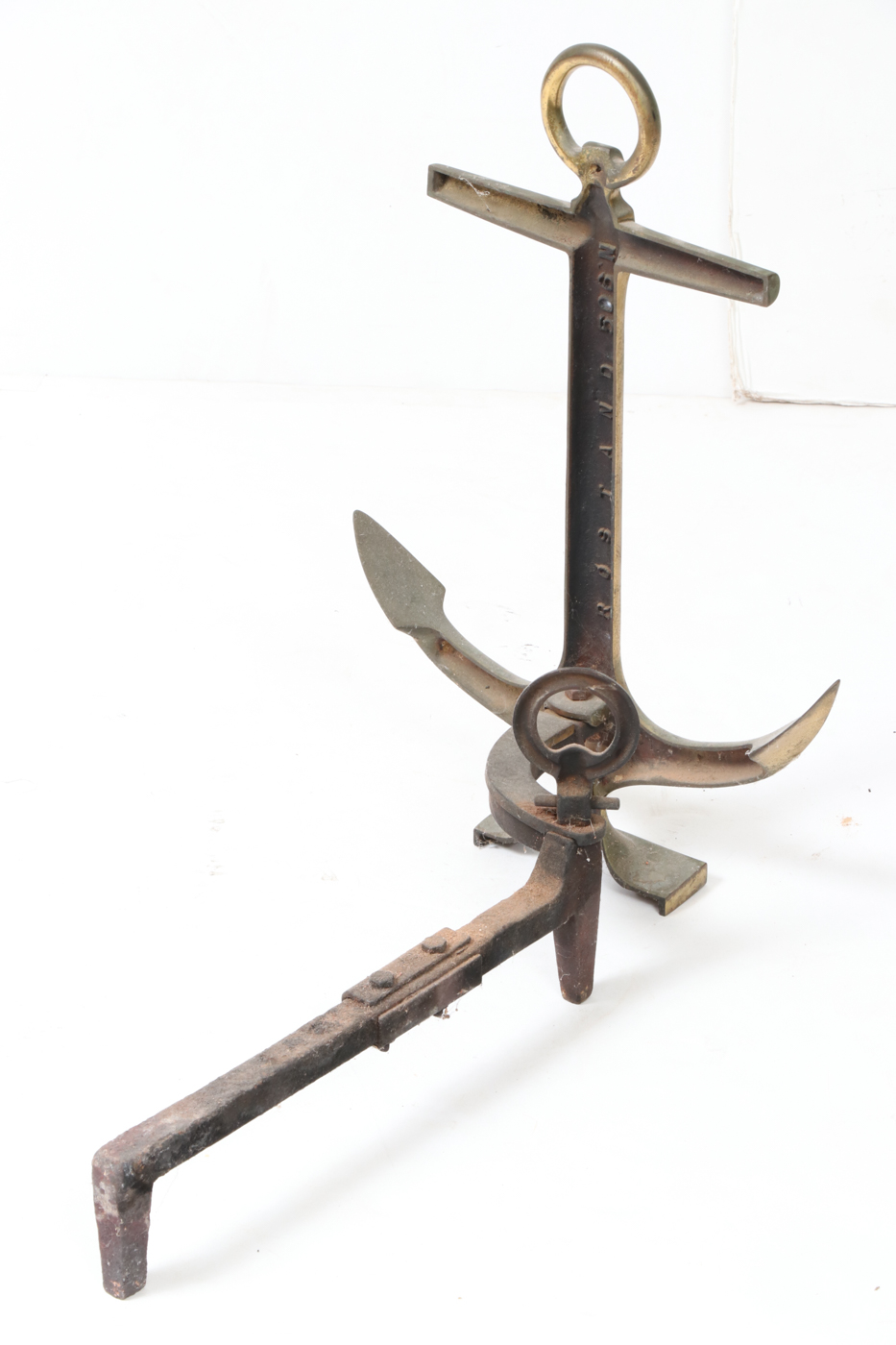 Pair of Rostand Brass and Wrought Iron Anchor Andirons, 20th Century