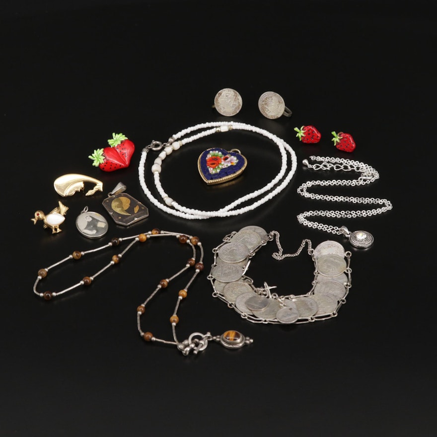 Assorted Gemstone Jewelry With Sterling Silver Coin Bracelet and Earrings