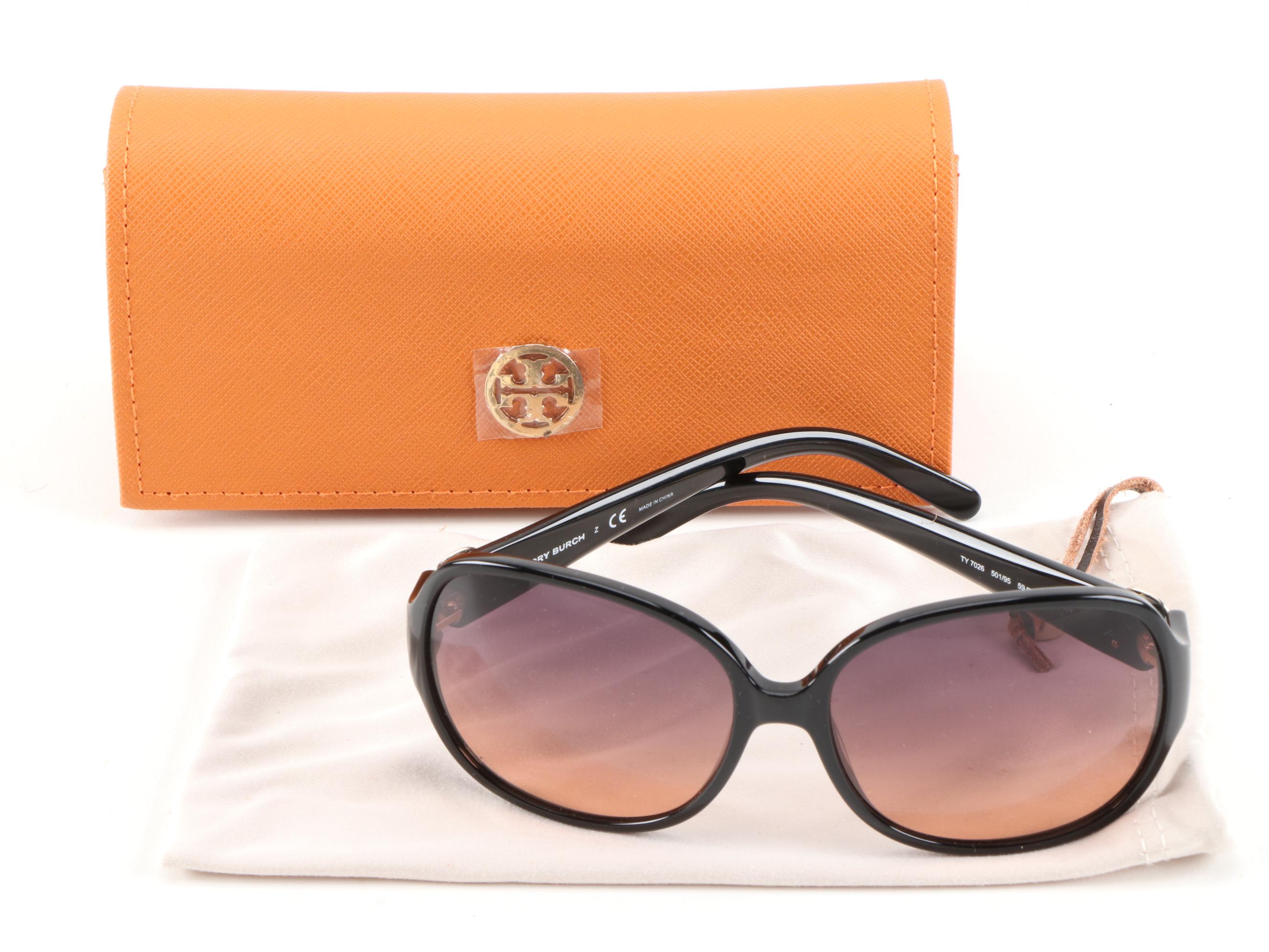 Tory Burch TY 7026 Black Sunglasses with Orange Gradient Lenses and Case