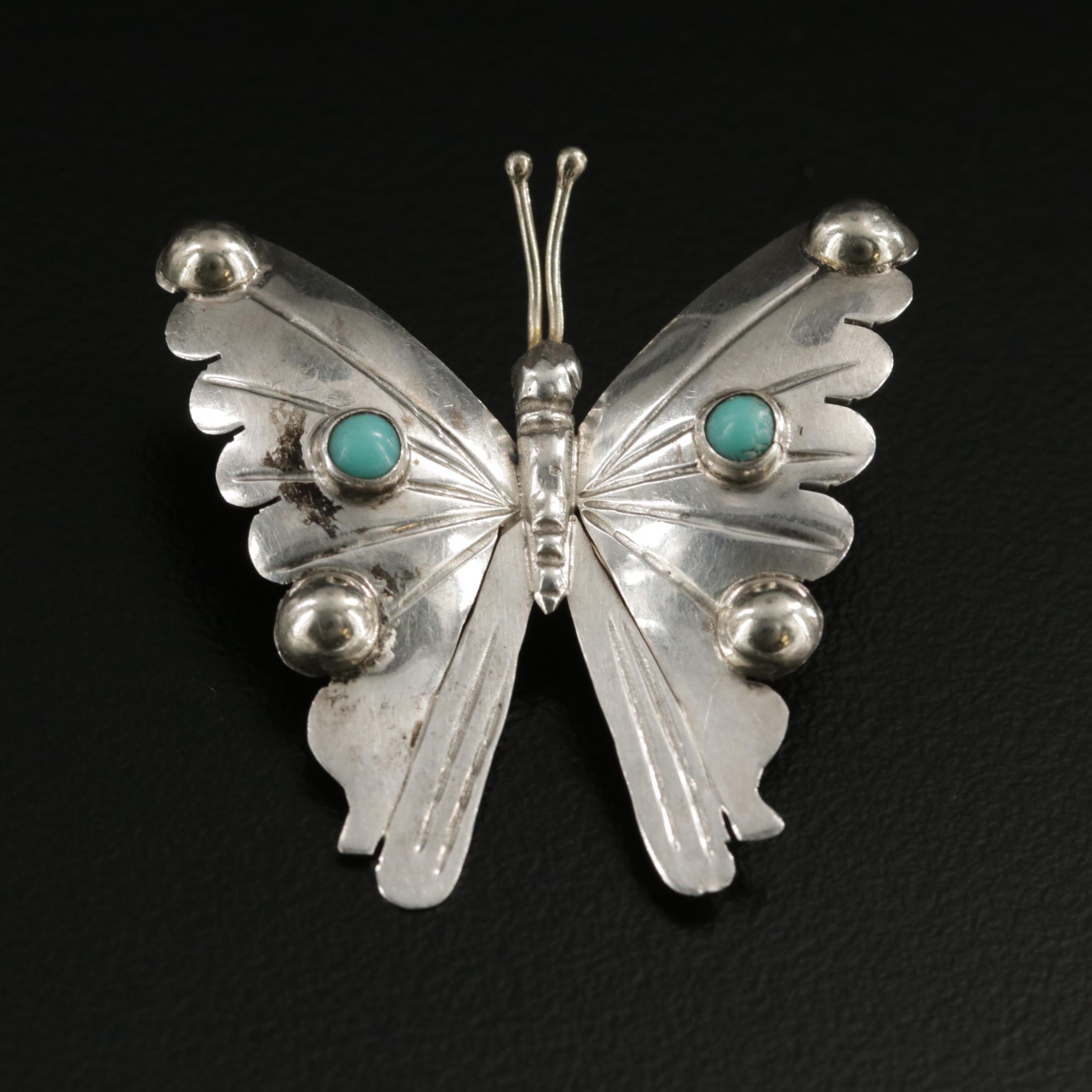 Mexican Sterling Silver Turquoise Butterfly Brooch