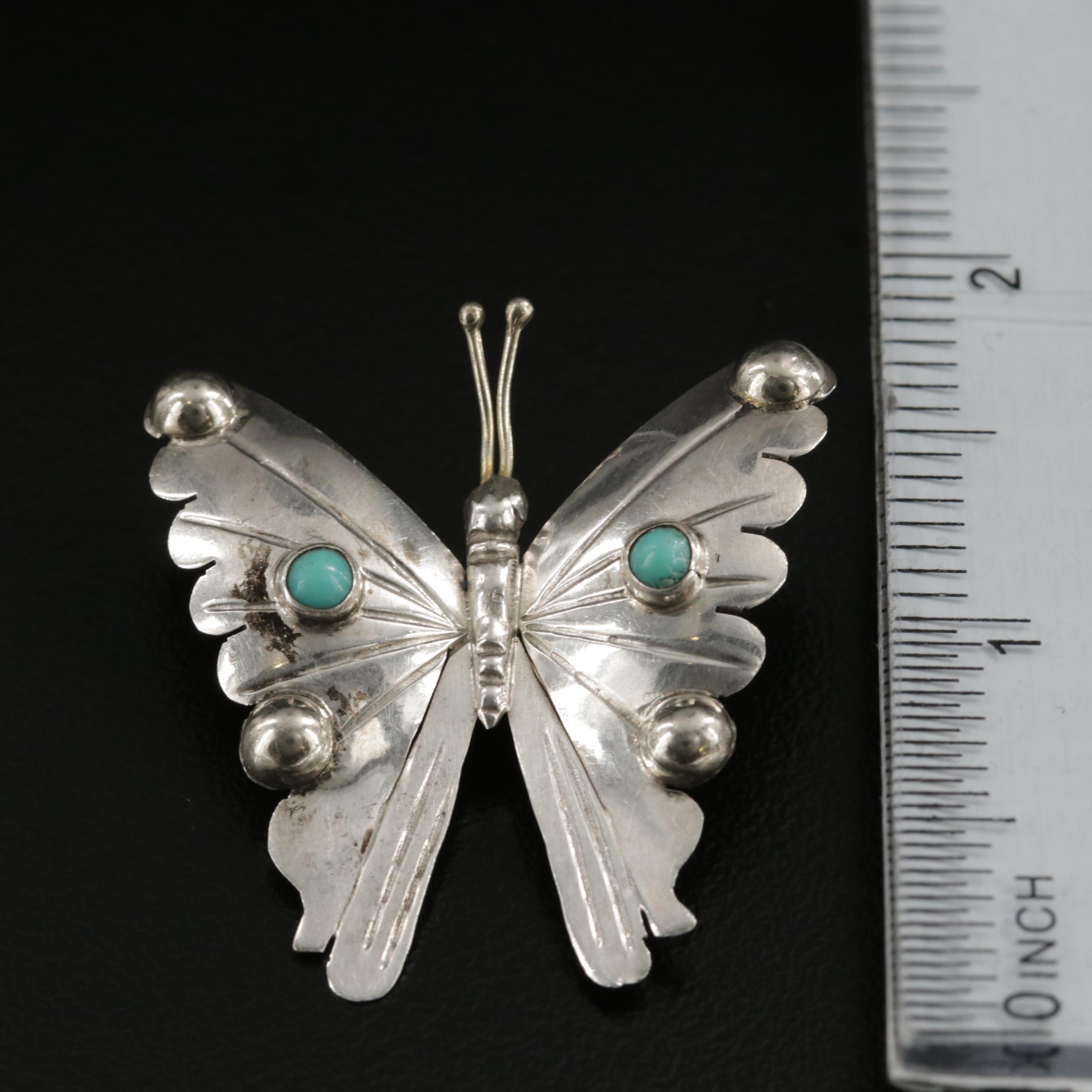 Mexican Sterling Silver Turquoise Butterfly Brooch