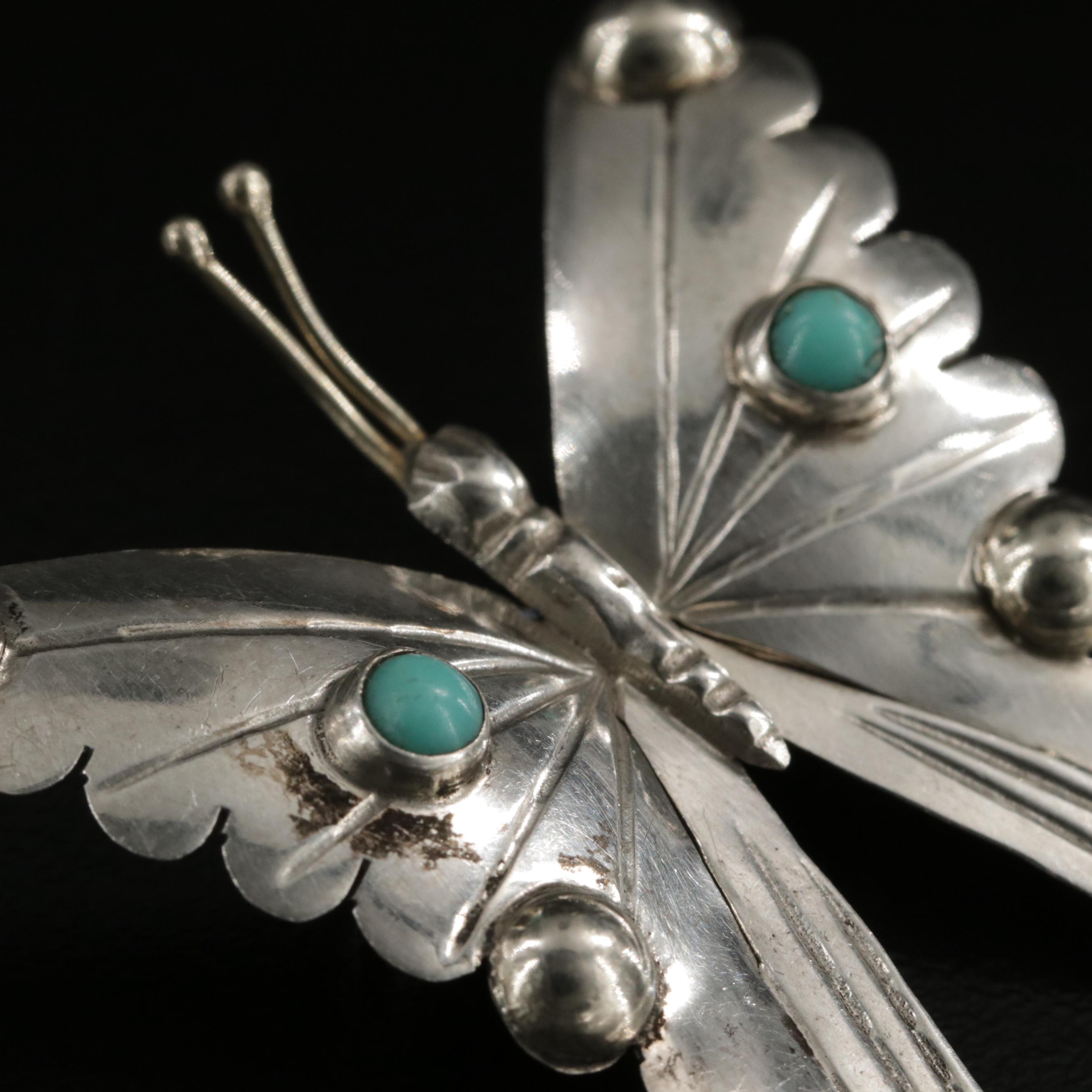 Mexican Sterling Silver Turquoise Butterfly Brooch