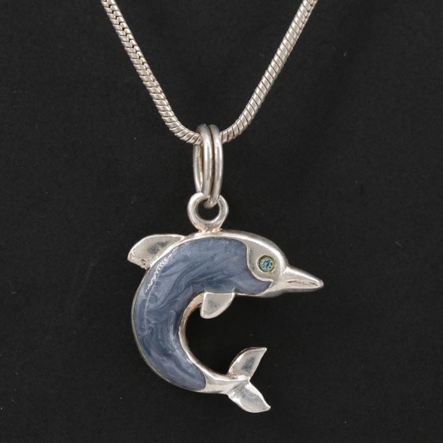 Sterling Silver Rhinestone and Enamel Dolphin Pendant Necklace