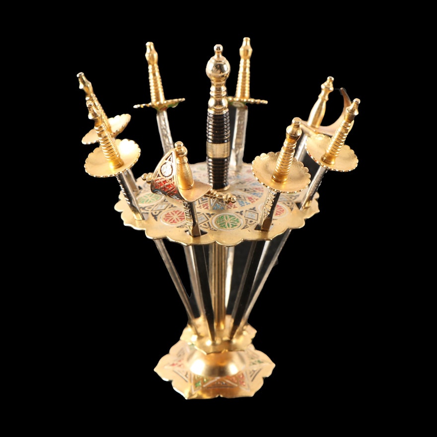 Toledo Spanish Metal Cocktail Swords with Stand, Mid-20th Century