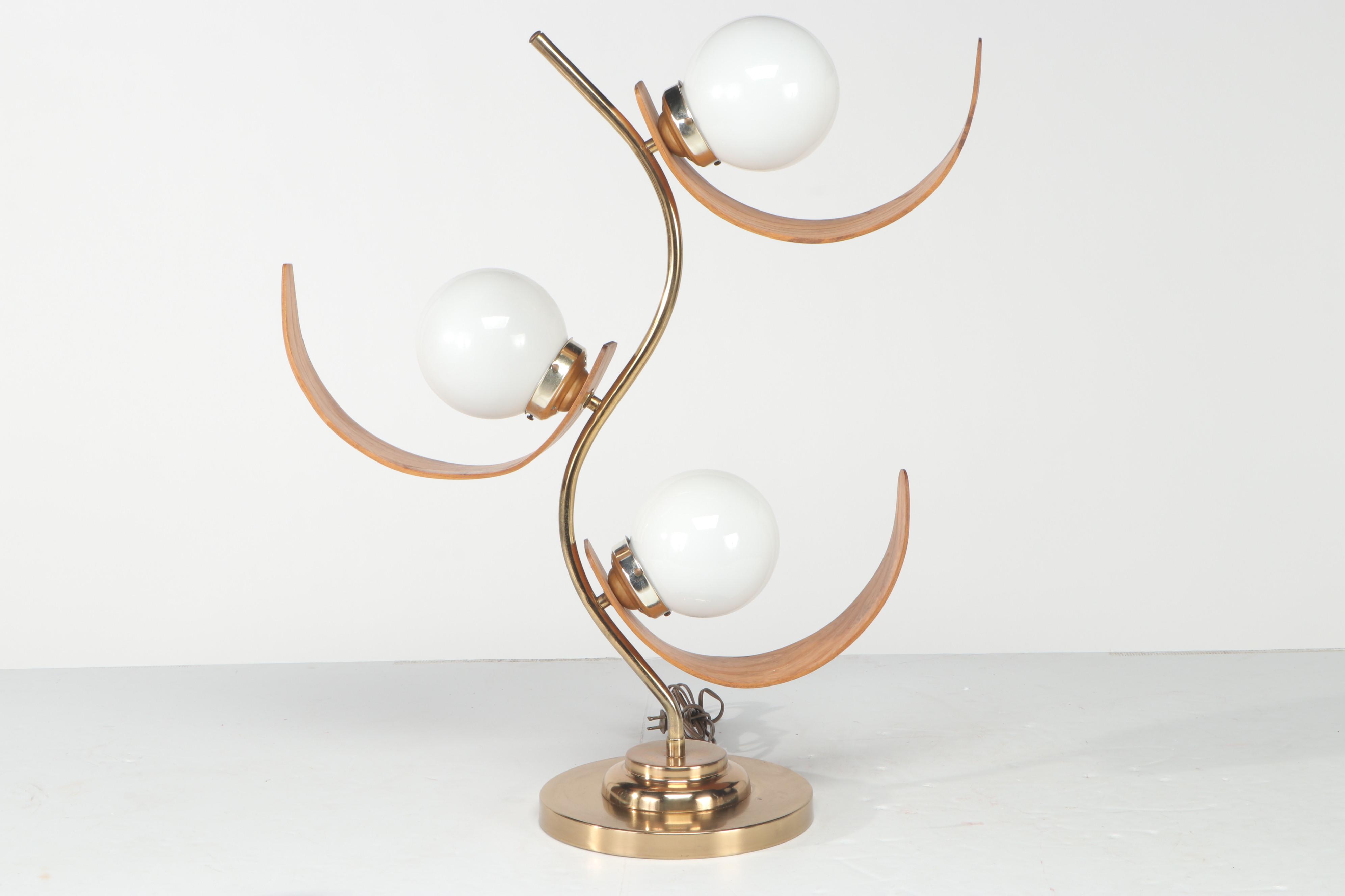 Mid Century Modern Bentwood, Metal and Glass Globe 3-Light Table Lamp