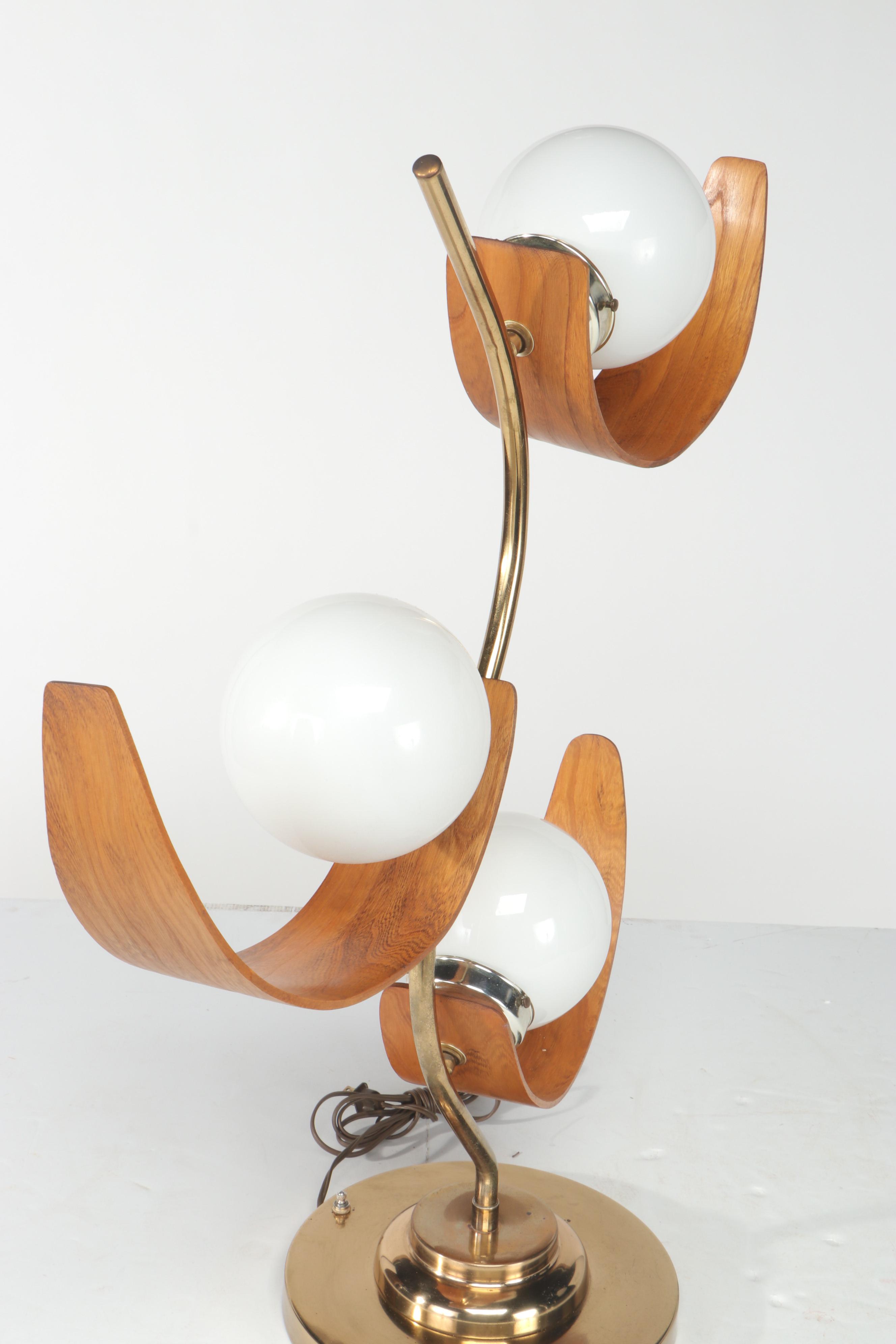 Mid Century Modern Bentwood, Metal and Glass Globe 3-Light Table Lamp