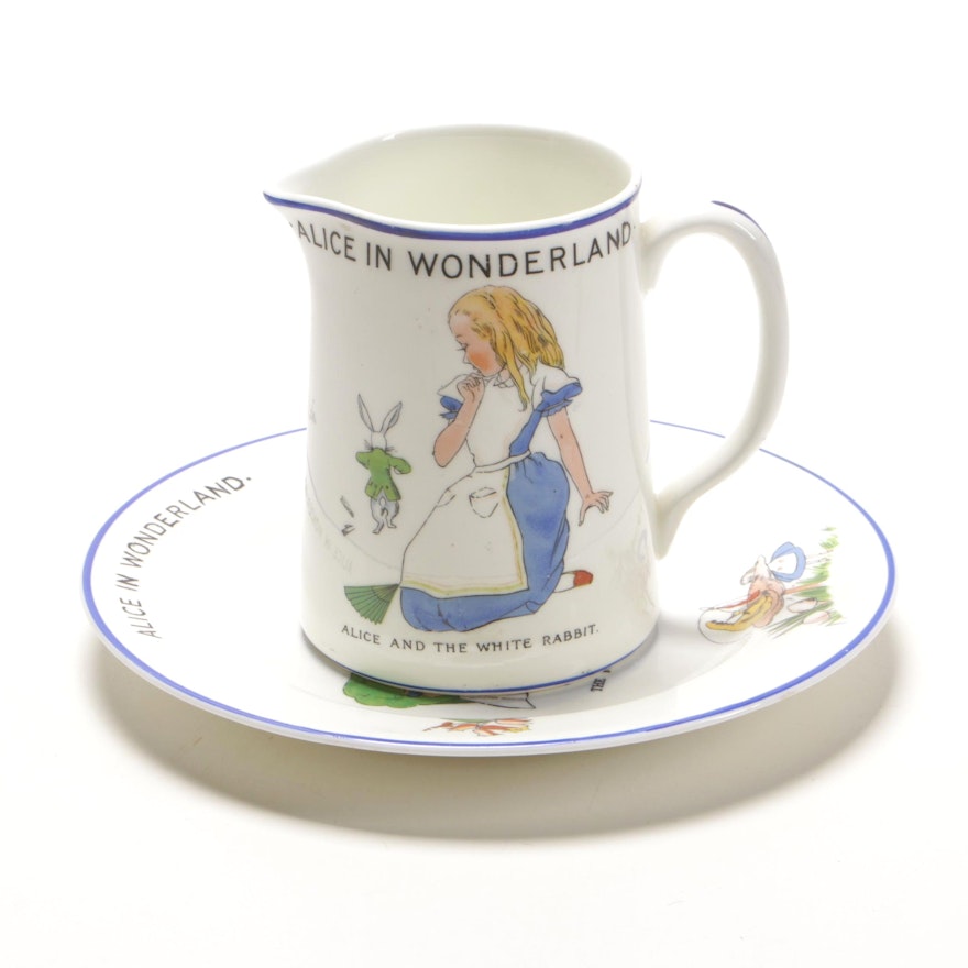 Hammersley & Co. "Alice in Wonderland" Bone China Pitcher and Plate, 1940s