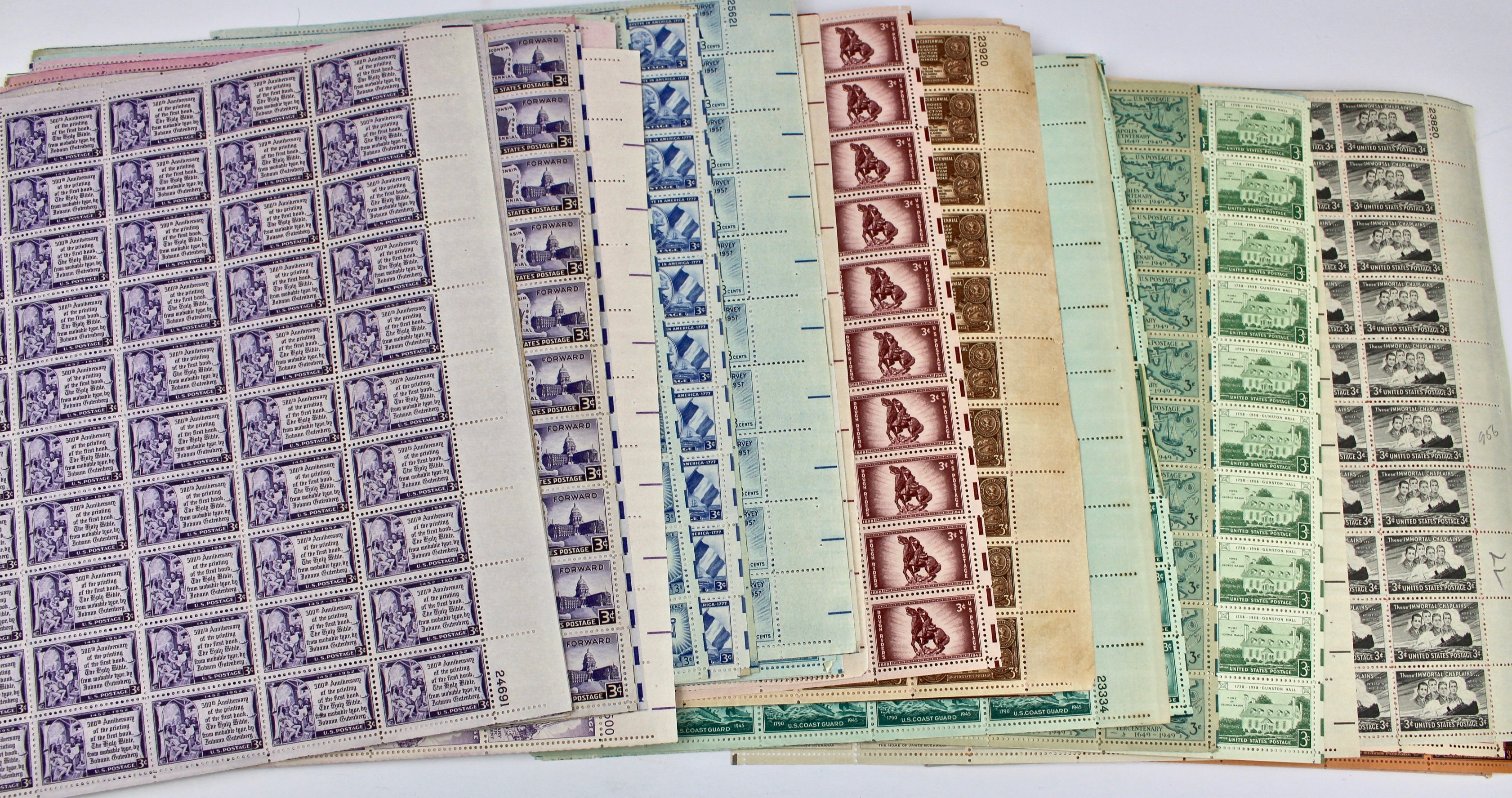 Three-Cent Mint Stamp Sheets, 1940s and 1950s
