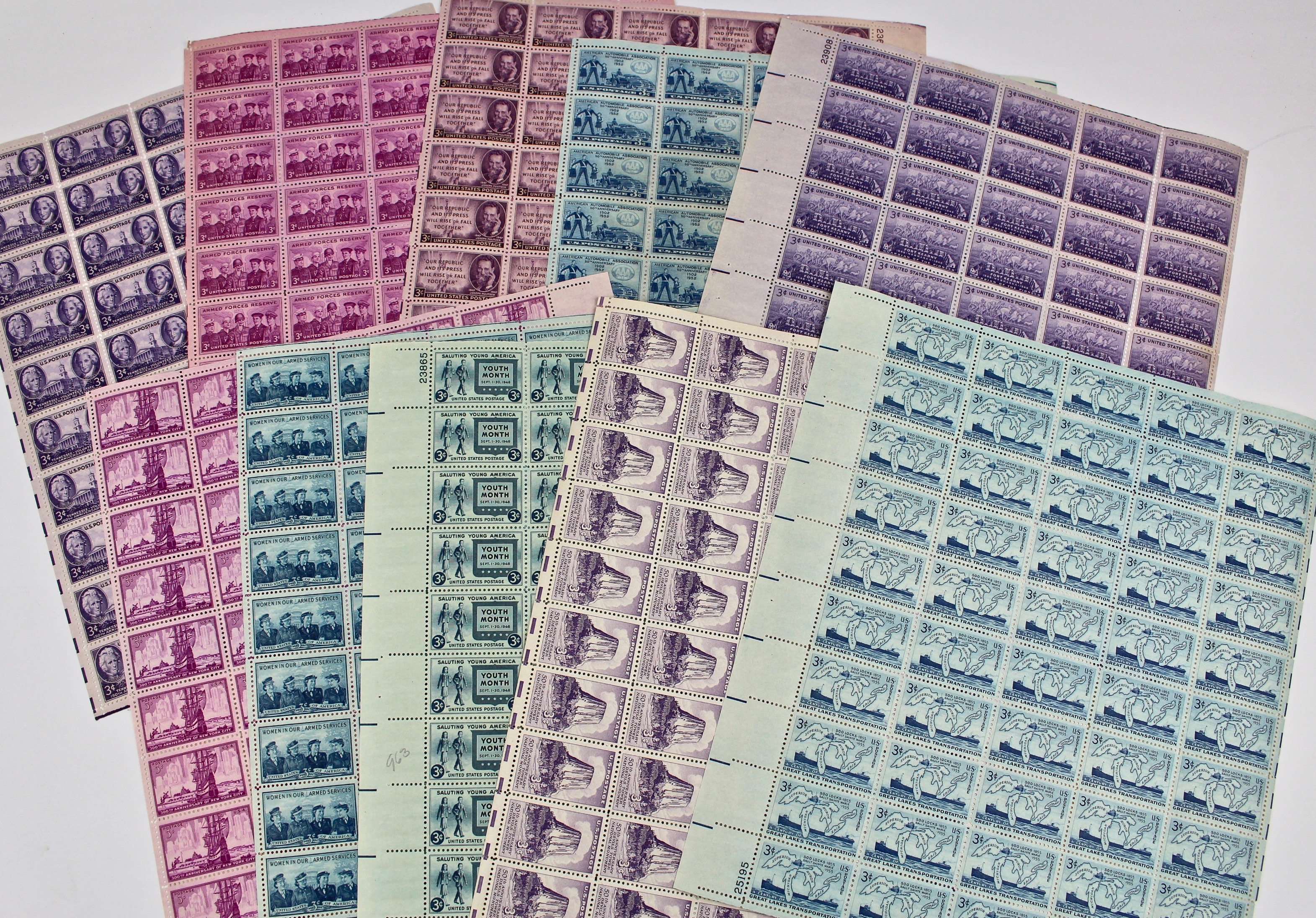 Three-Cent Mint Stamp Sheets, 1940s and 1950s