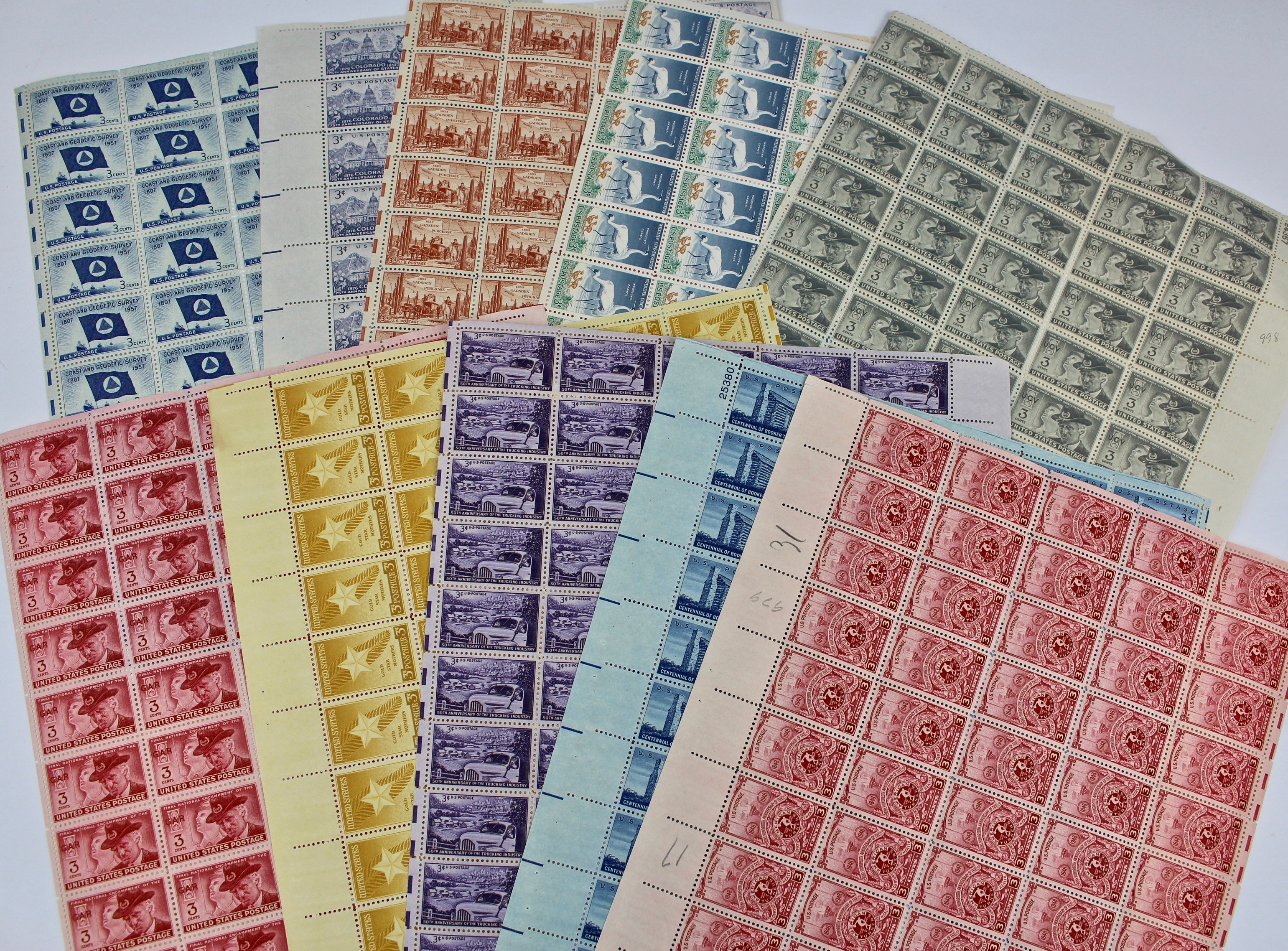 Three-Cent Mint Stamp Sheets, 1940s and 1950s