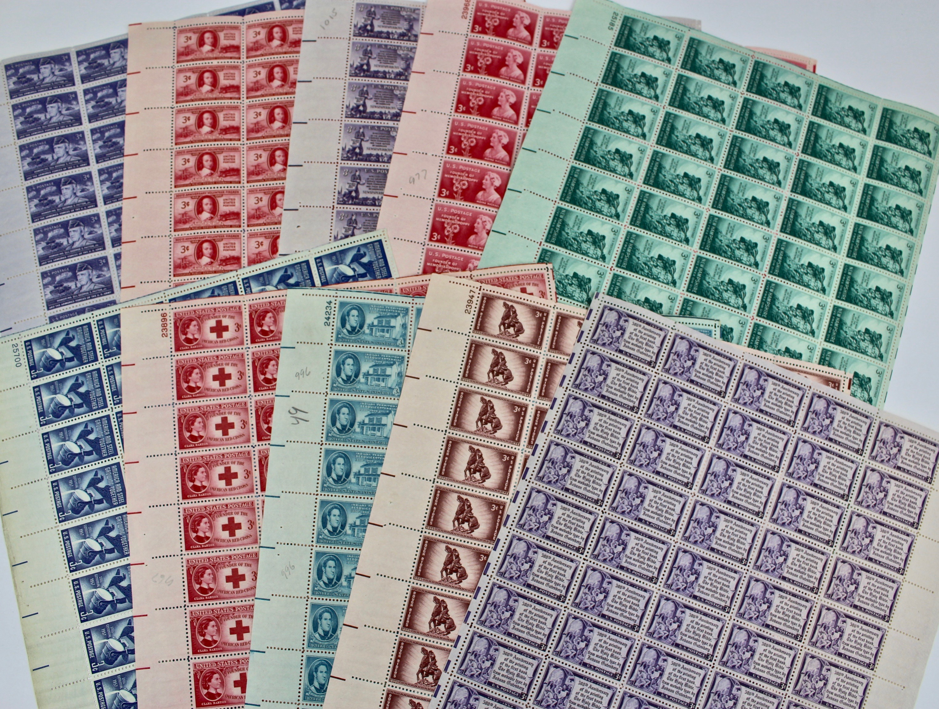 Three-Cent Mint Stamp Sheets, 1940s and 1950s