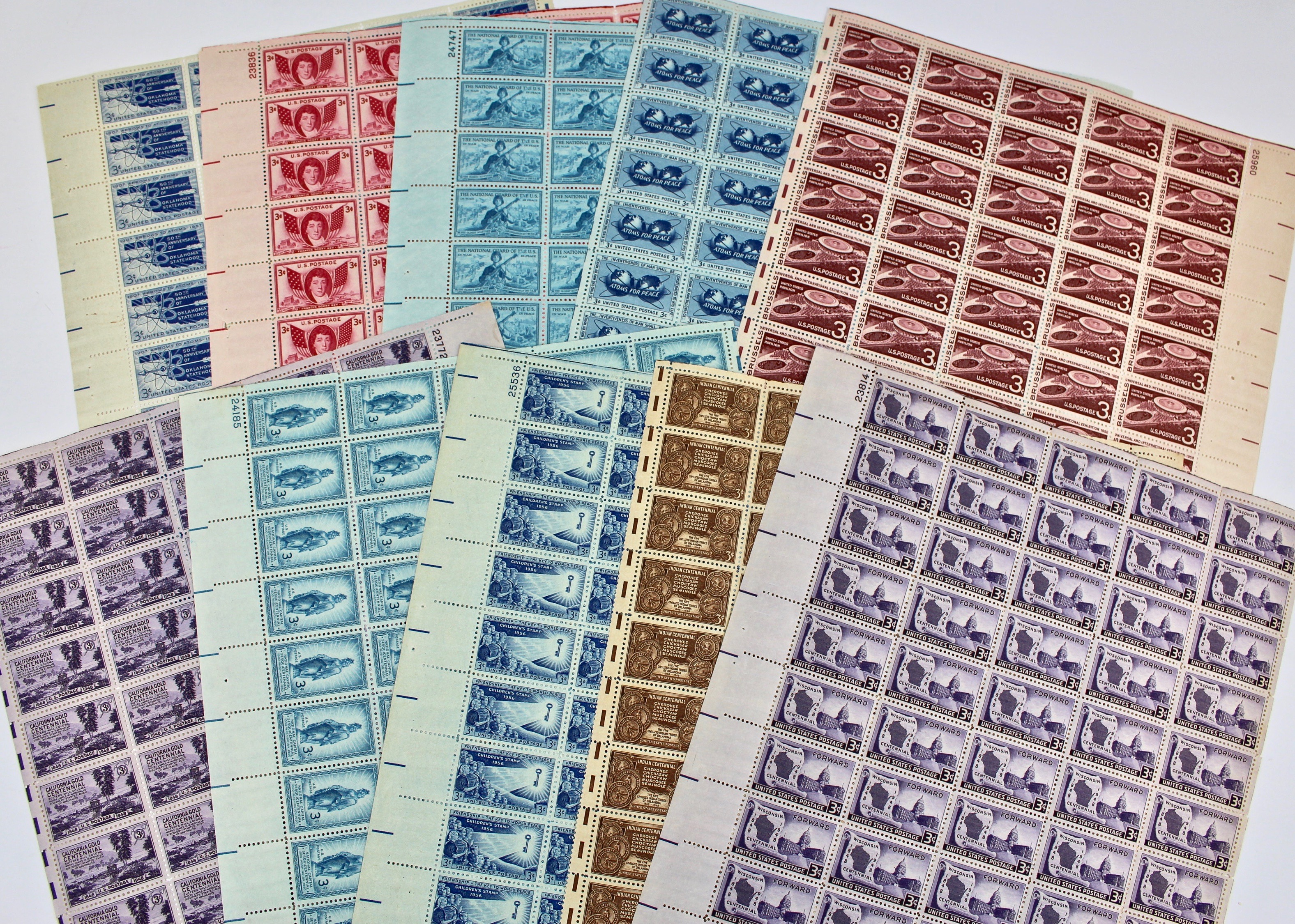 Three-Cent Mint Stamp Sheets, 1940s and 1950s