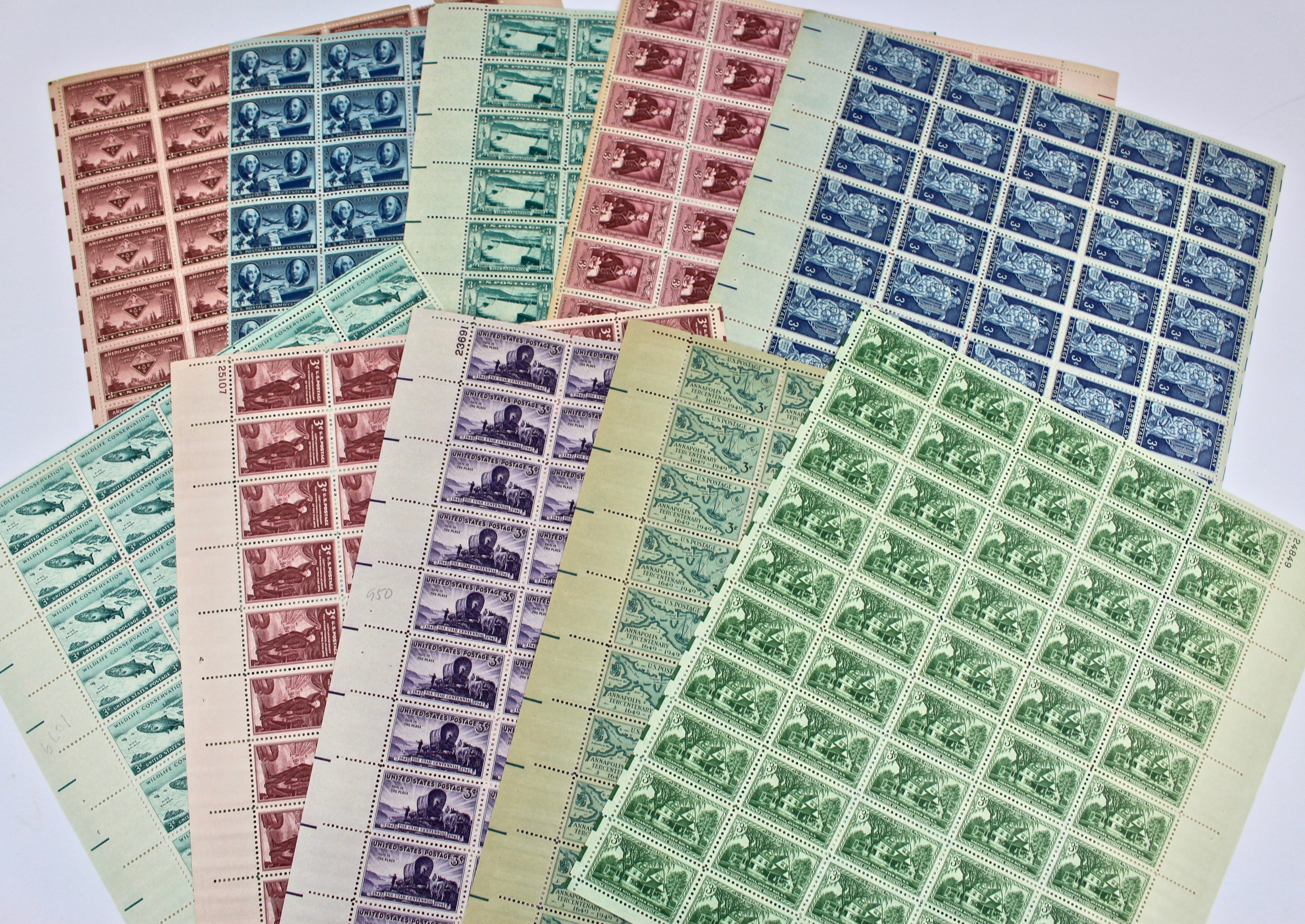 Three-Cent Mint Stamp Sheets, 1940s and 1950s