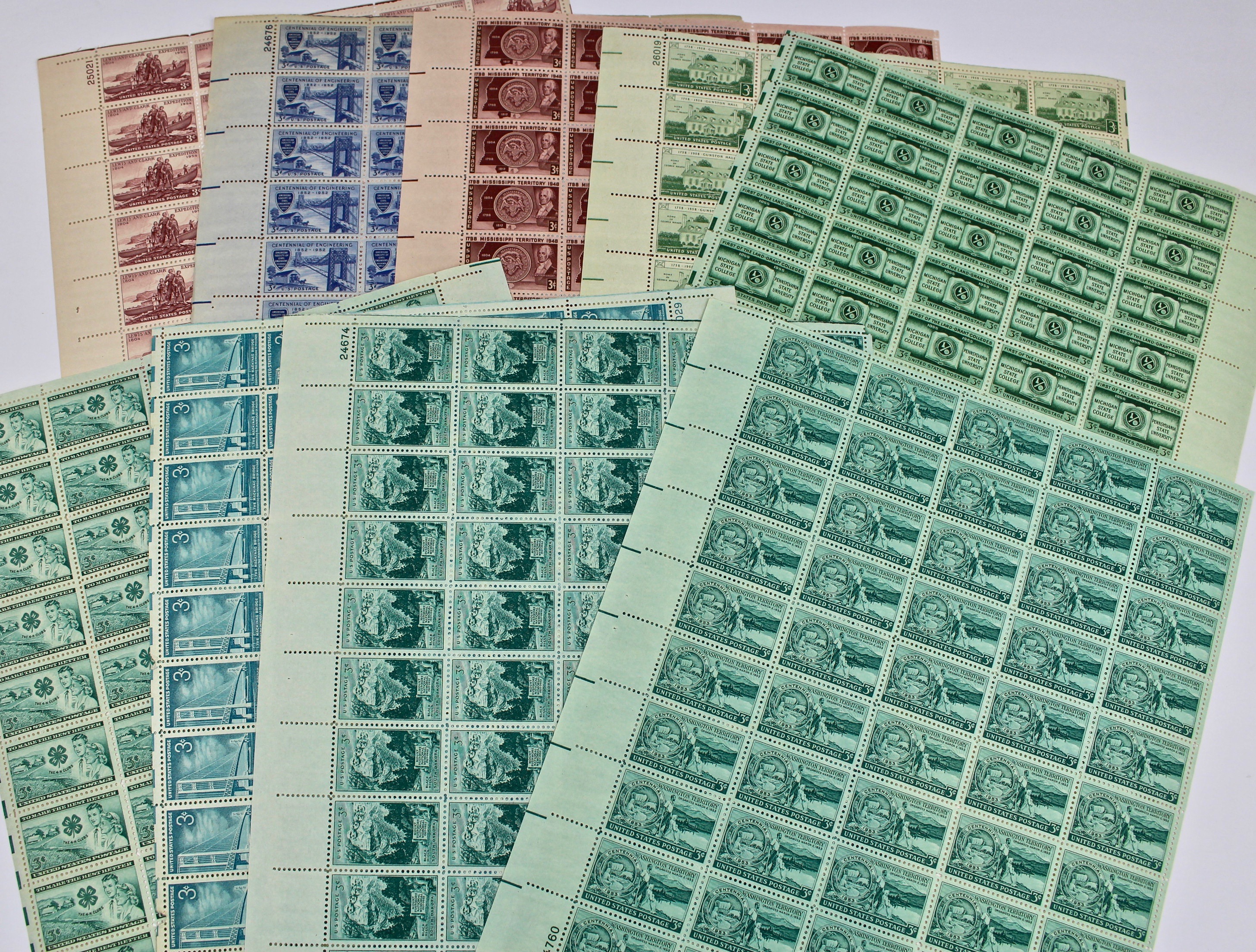 Three-Cent Mint Stamp Sheets, 1940s and 1950s