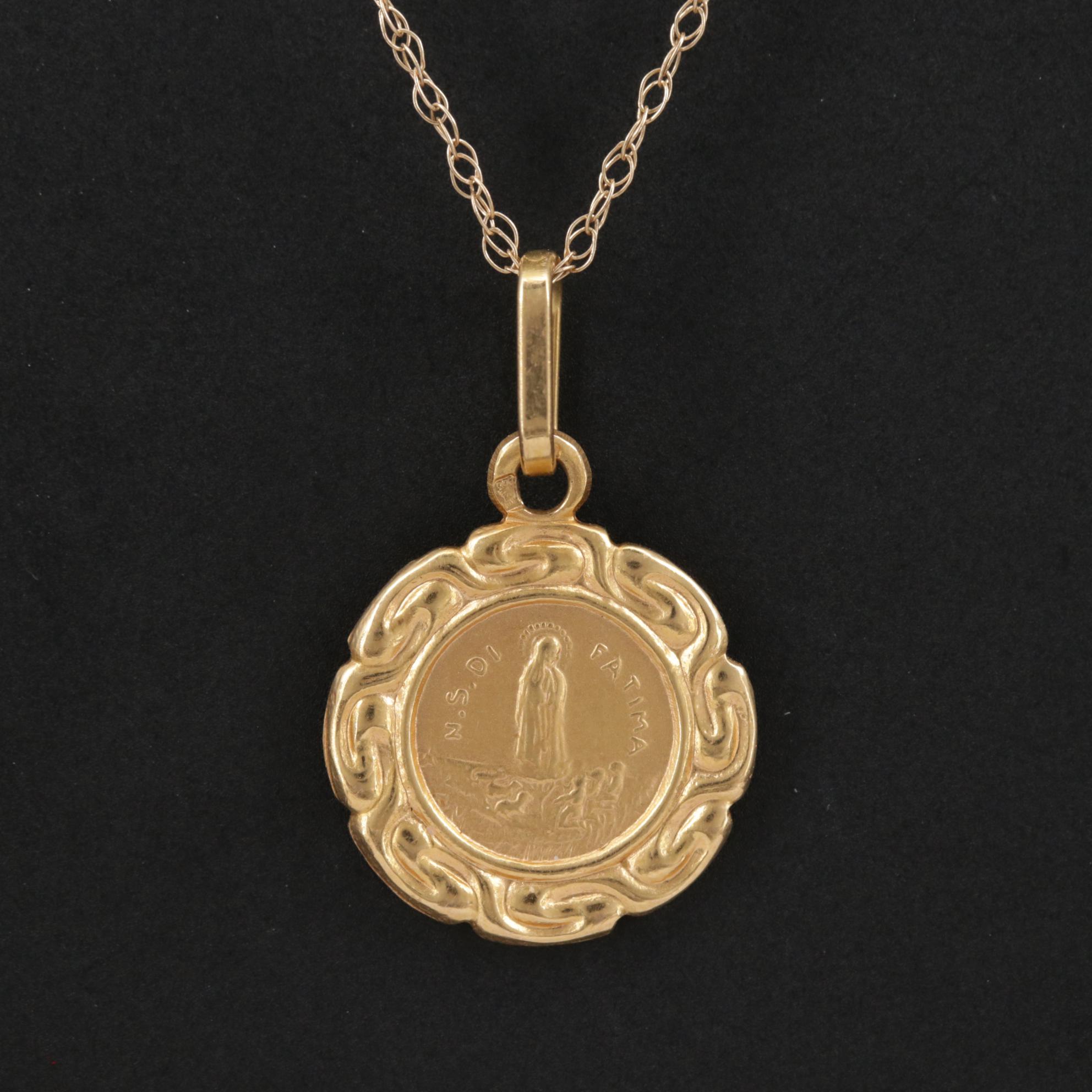 19K Yellow Gold Our Lady of Fatimá Pendant on 10K Singapore Chain Necklace