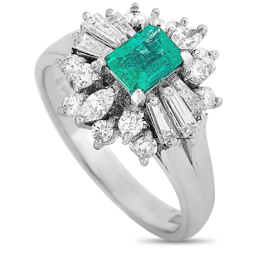 Platinum Diamond and Emerald Ring