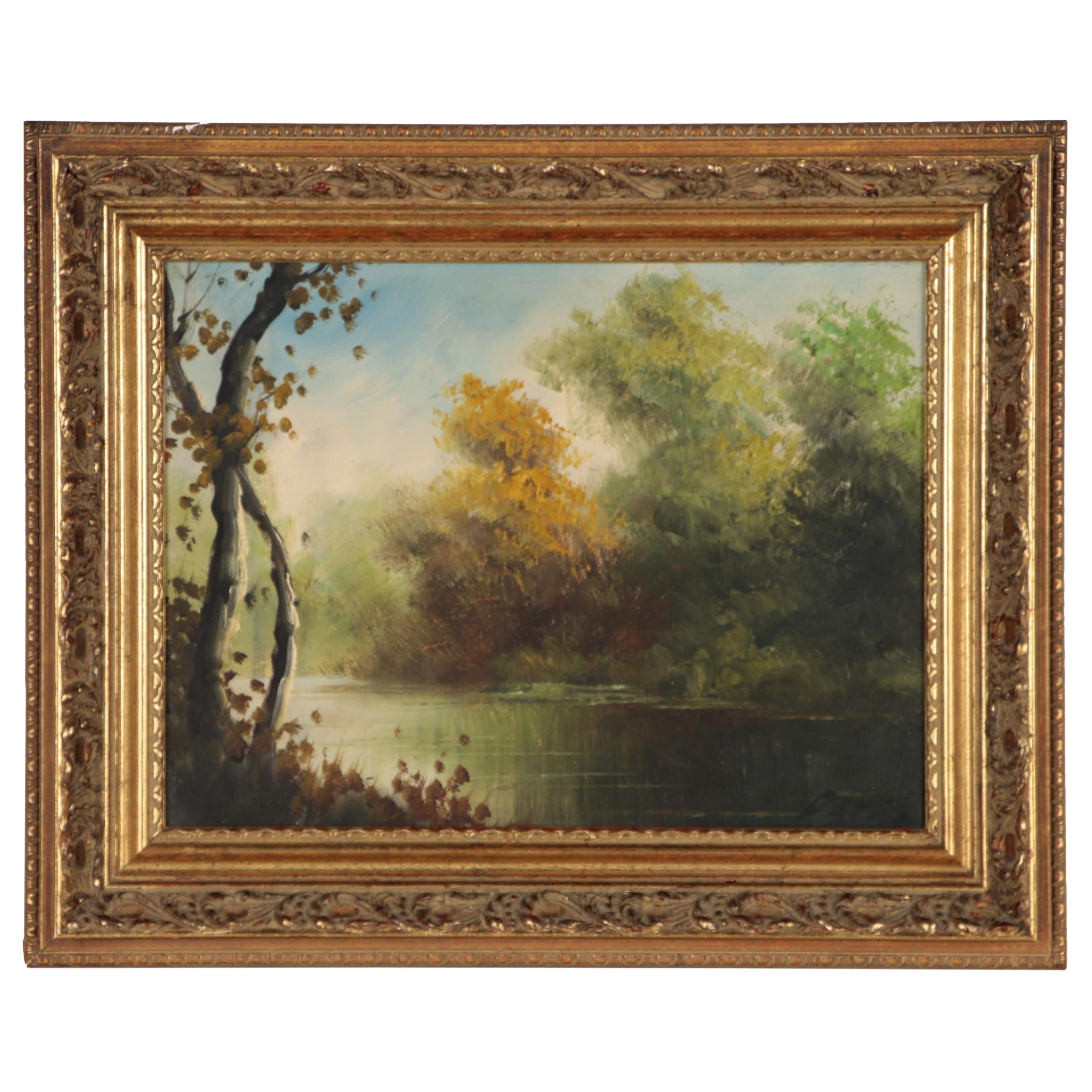 River Landscape Oil Painting, Mid-20th Century