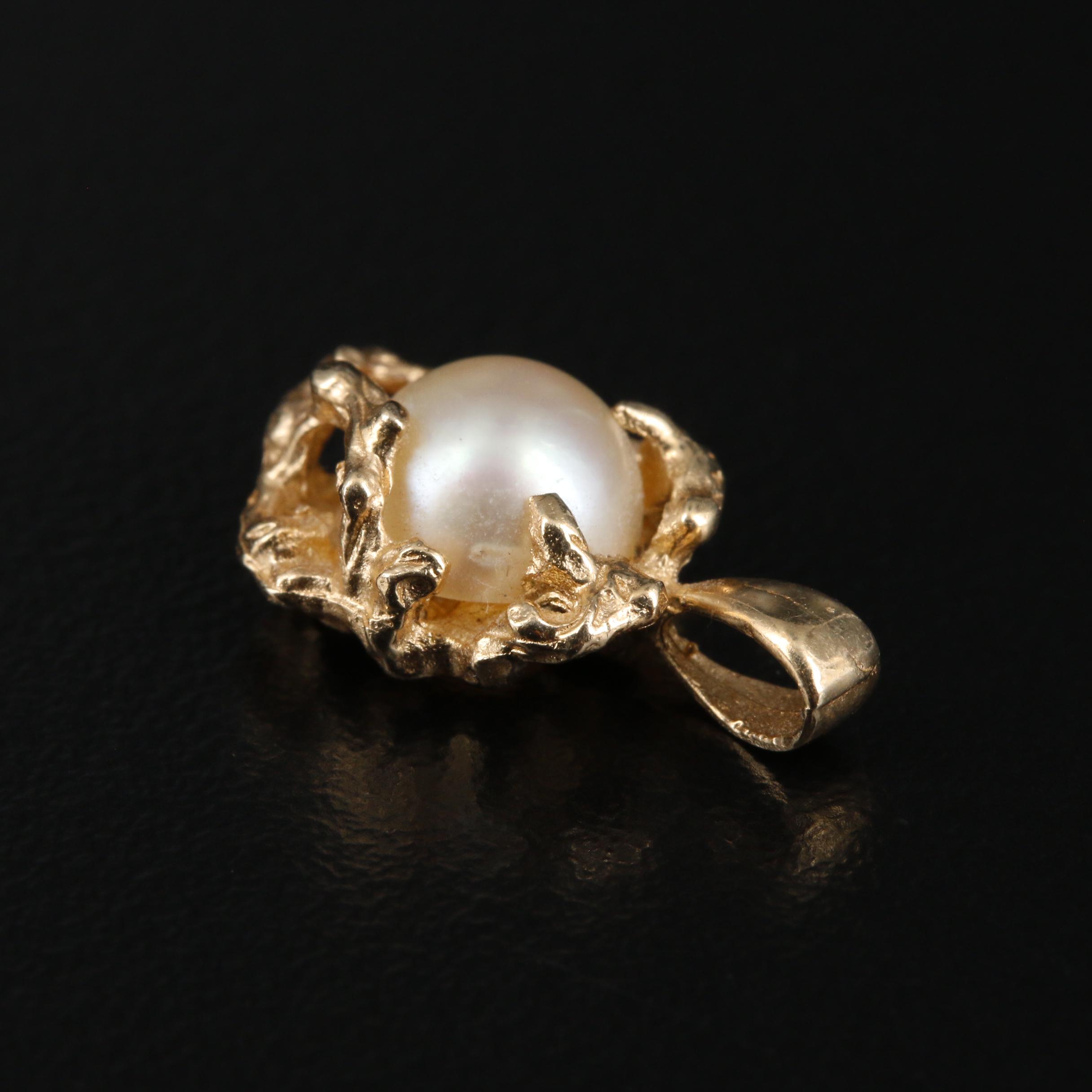 Brutalist Style 14K Gold Pearl Pendant