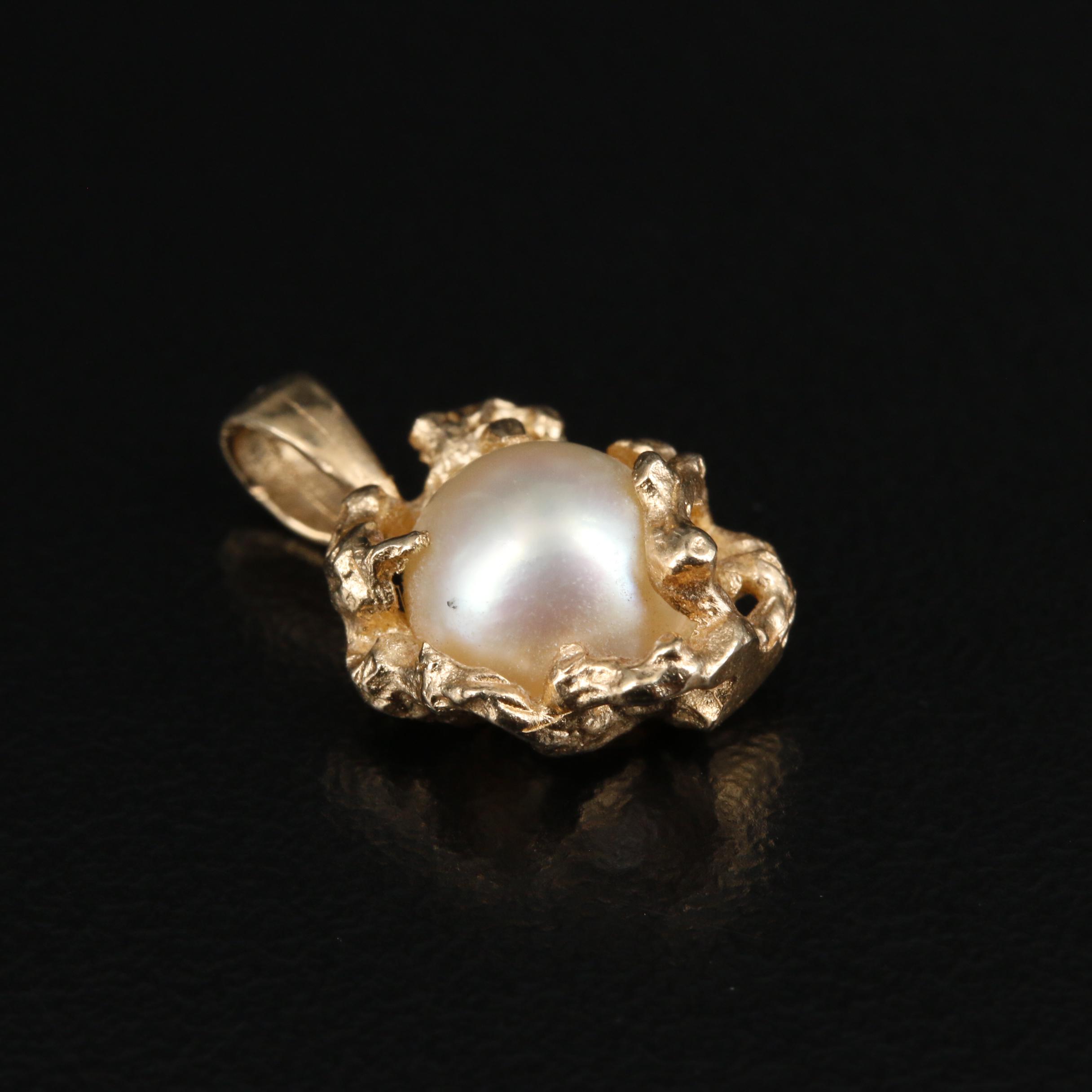 Brutalist Style 14K Gold Pearl Pendant