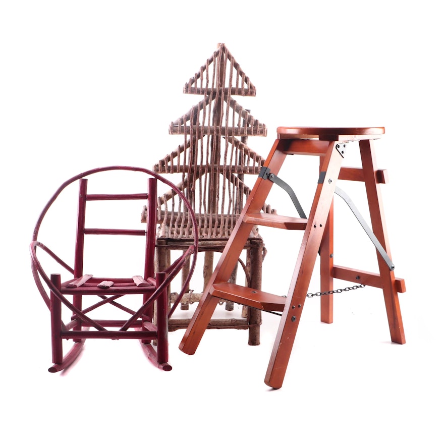 Two Adirondack Style Bent-Twig Child's Chairs Plus Folding Step Stool