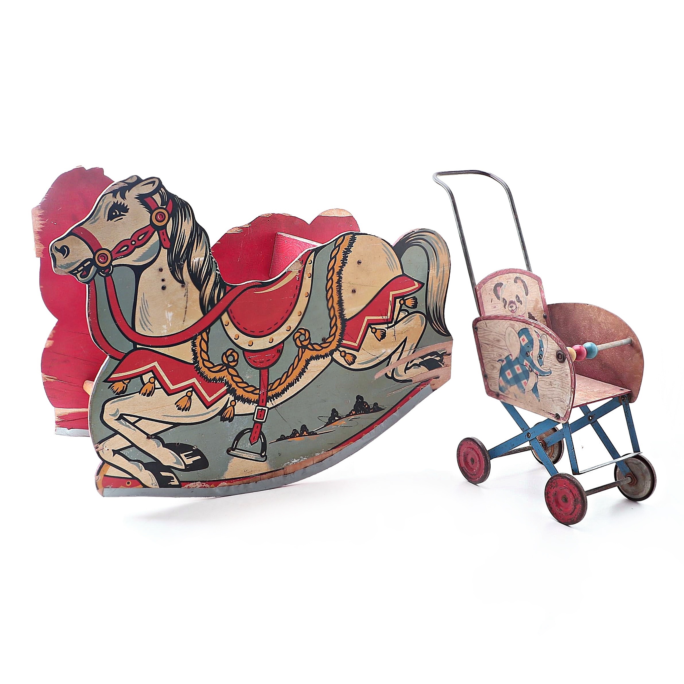 Child's Rocking Horse and Gong Bell Mfg. Baby Stroller, 1930s