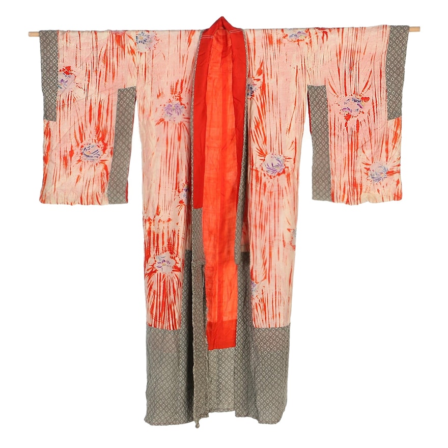 Japanese Silk Floral Shibori and Ikat Kimono, Shōwa Period