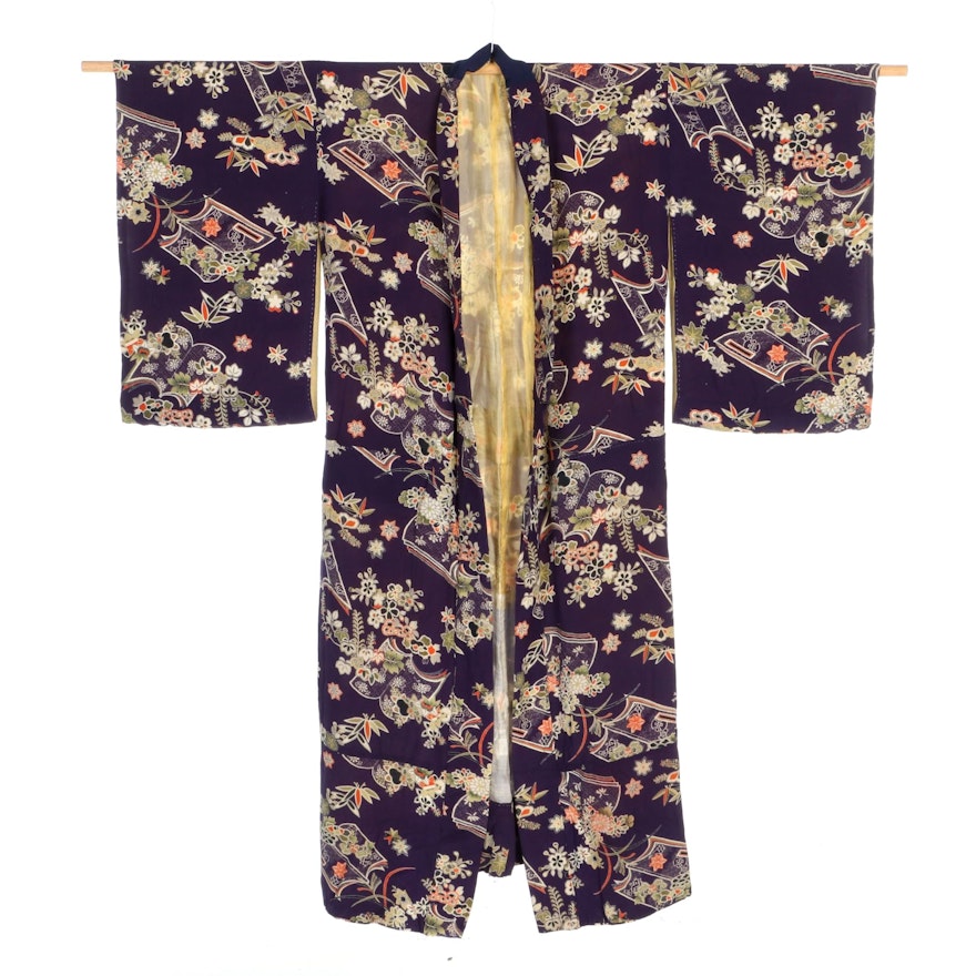 Japanese Sayagata and Floral Silk Kimono, Taishō Era