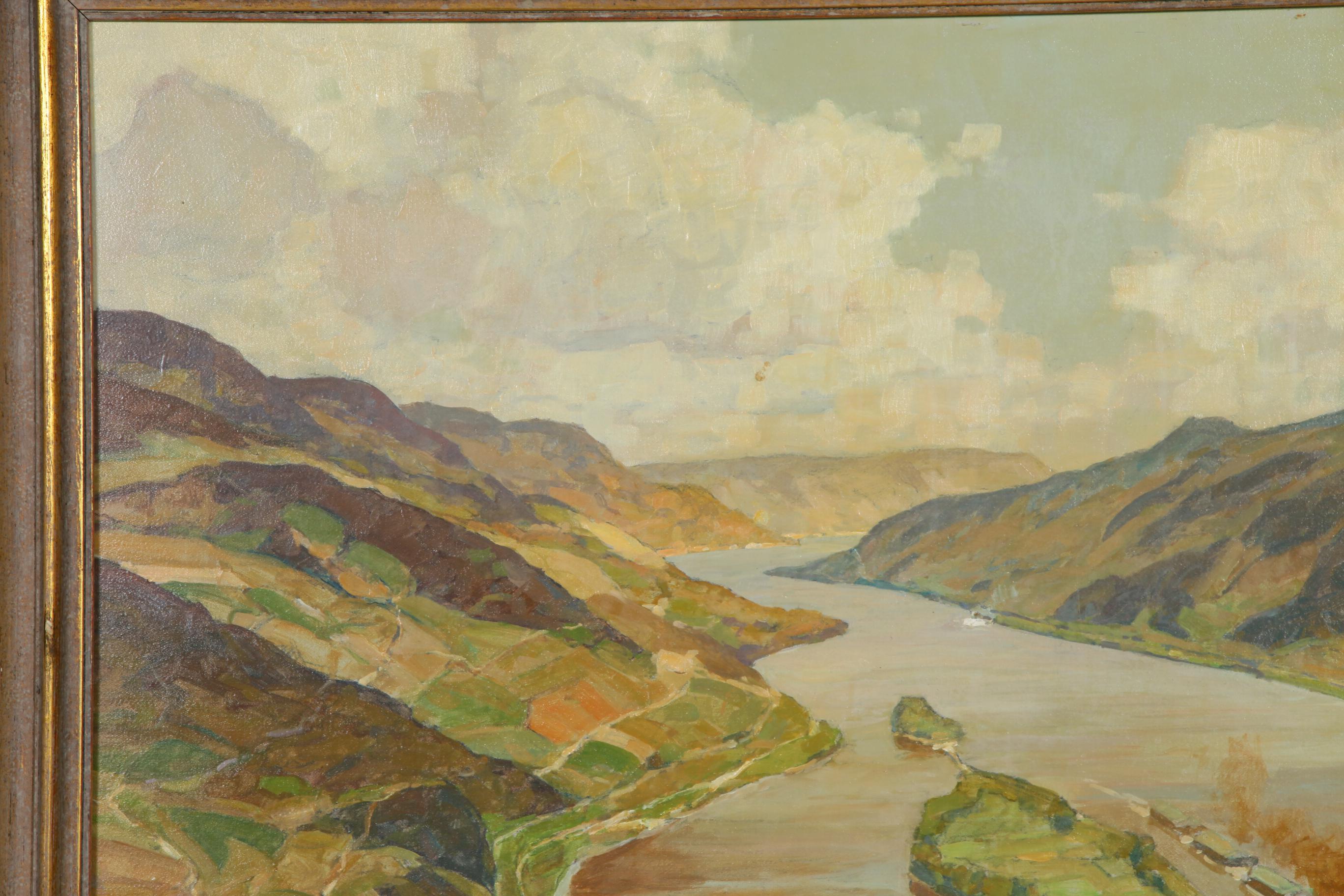 Erich Mercker Oil Painting "Rhein mit Lorch", Early 20th Century