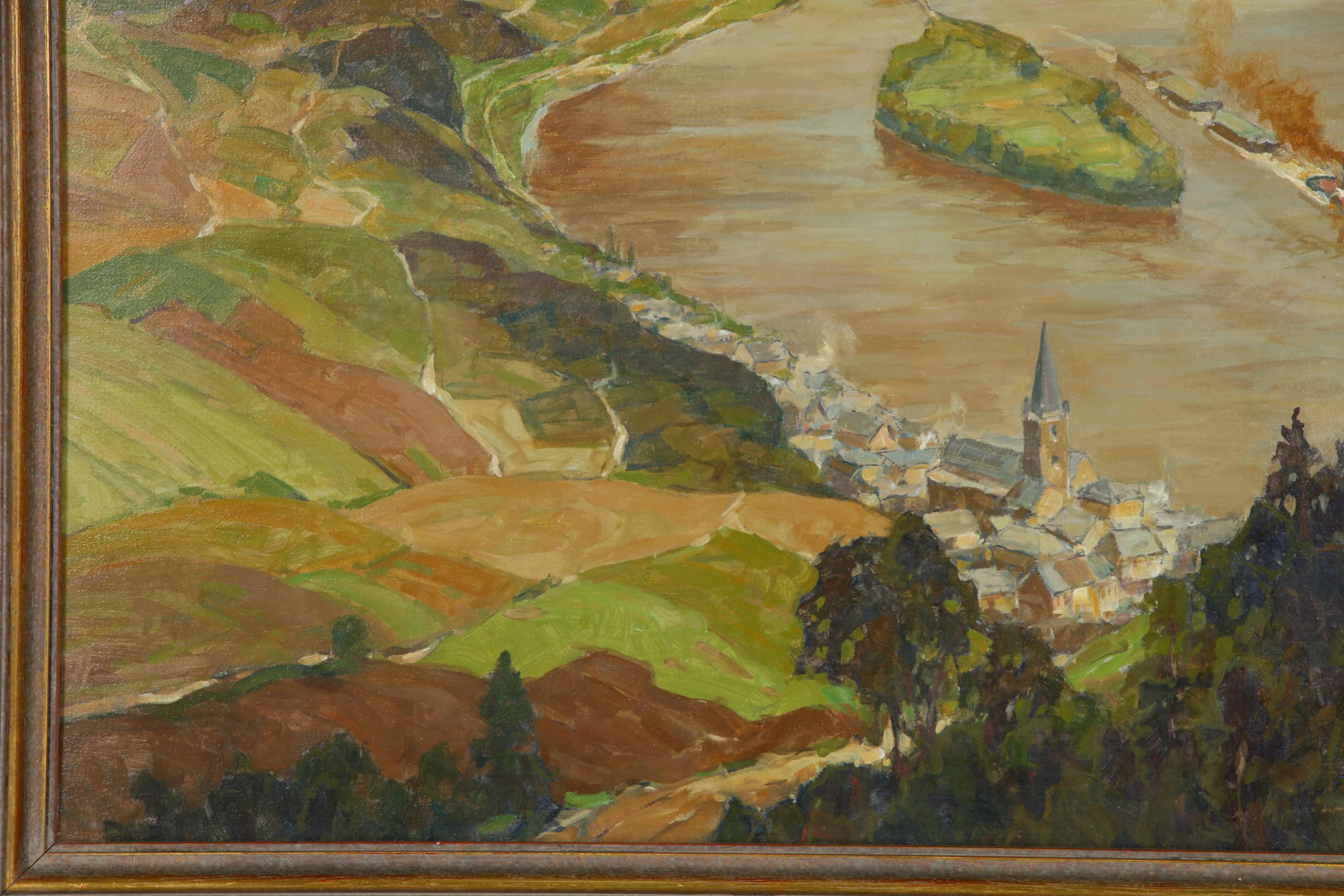 Erich Mercker Oil Painting "Rhein mit Lorch", Early 20th Century