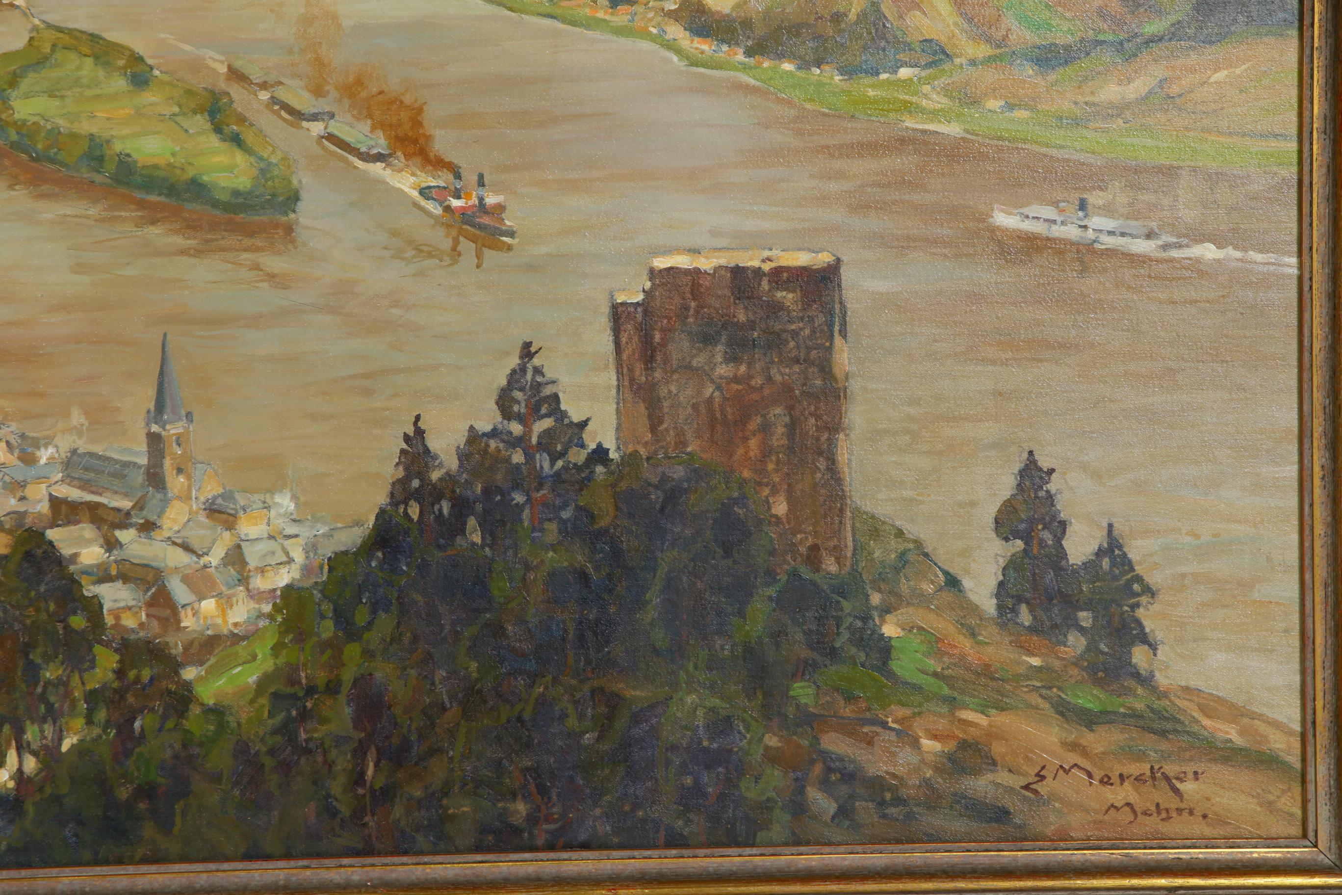 Erich Mercker Oil Painting "Rhein mit Lorch", Early 20th Century