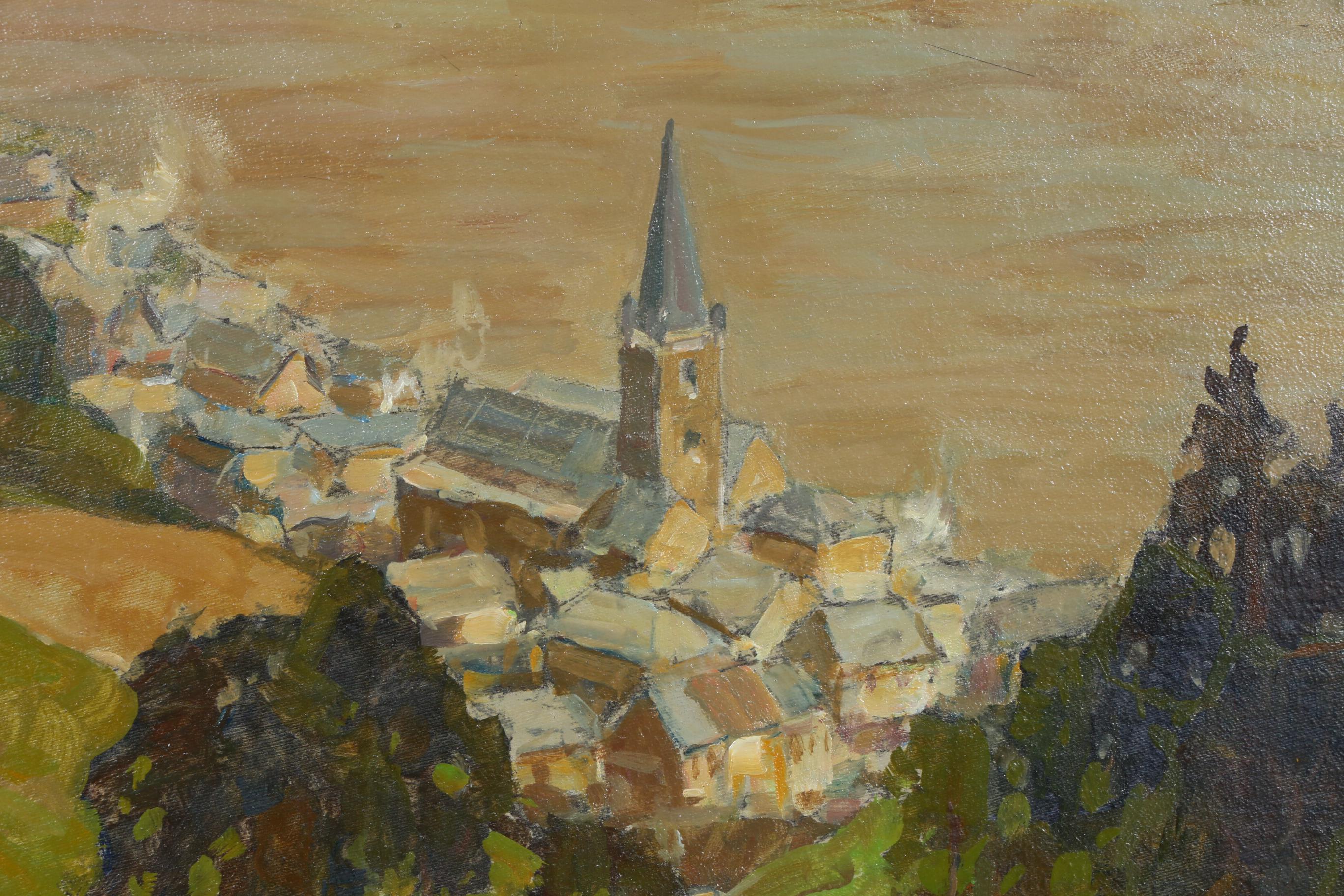 Erich Mercker Oil Painting "Rhein mit Lorch", Early 20th Century