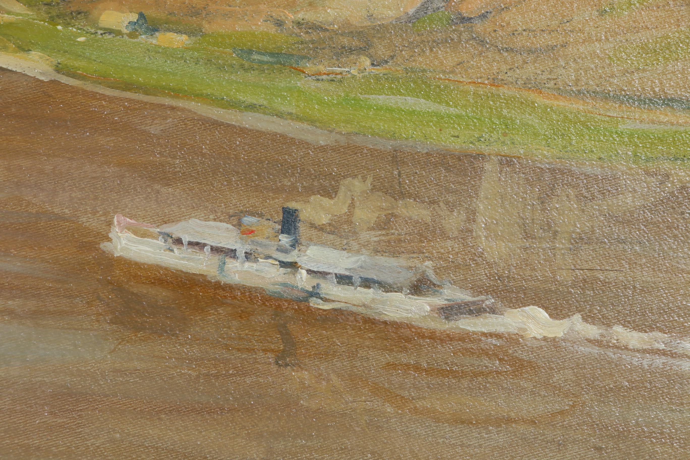 Erich Mercker Oil Painting "Rhein mit Lorch", Early 20th Century