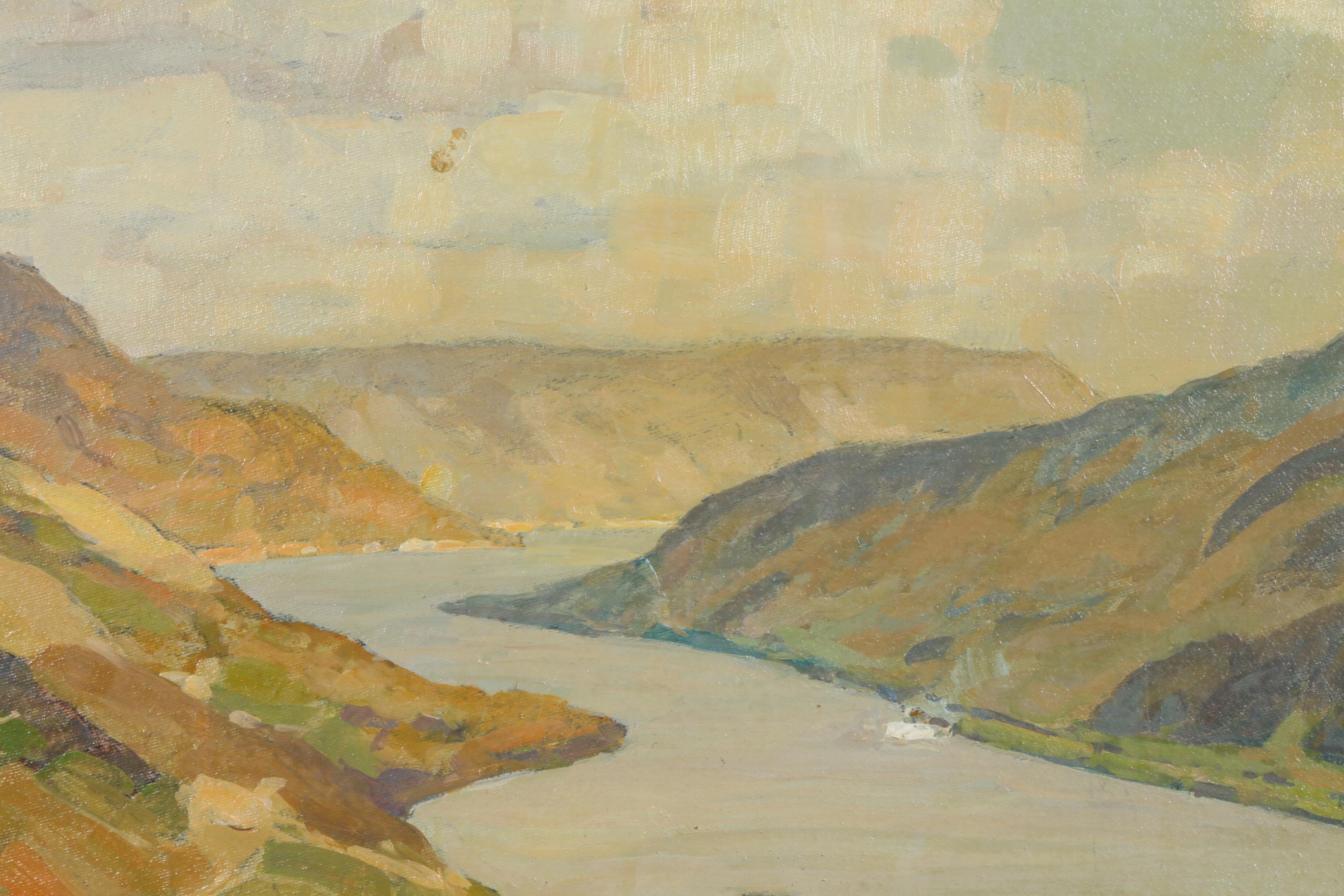 Erich Mercker Oil Painting "Rhein mit Lorch", Early 20th Century