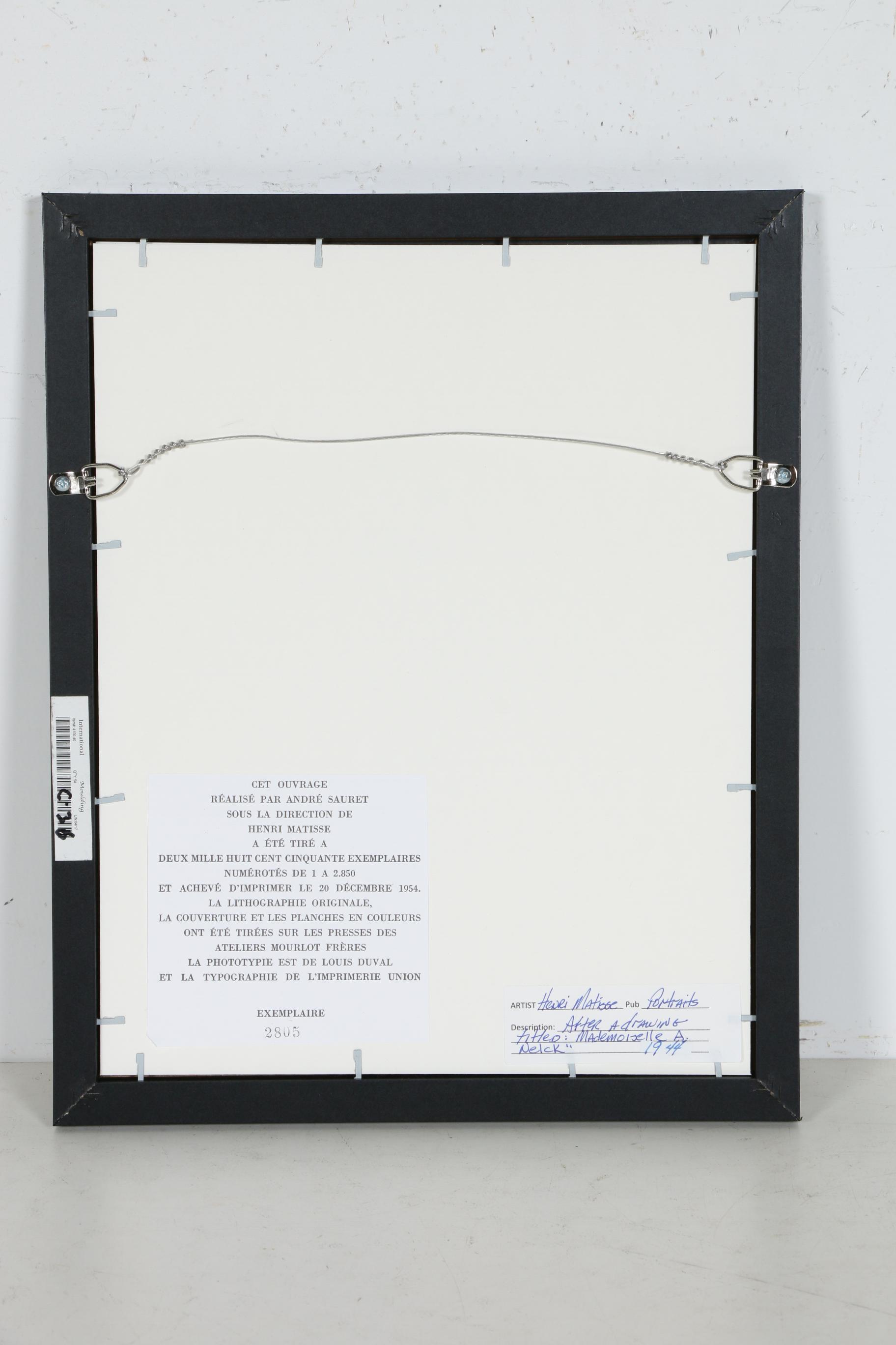 Lithograph after Henri Matisse "Mademoiselle A. Nelck", 1954