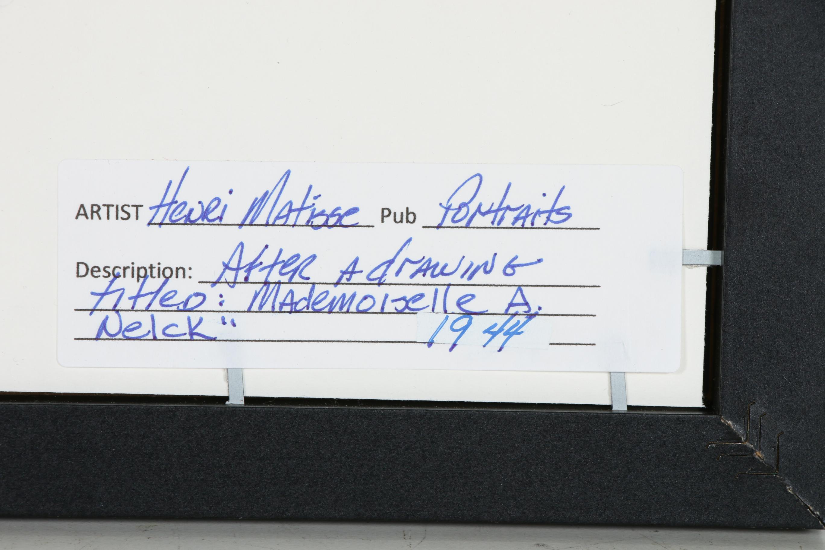 Lithograph after Henri Matisse "Mademoiselle A. Nelck", 1954