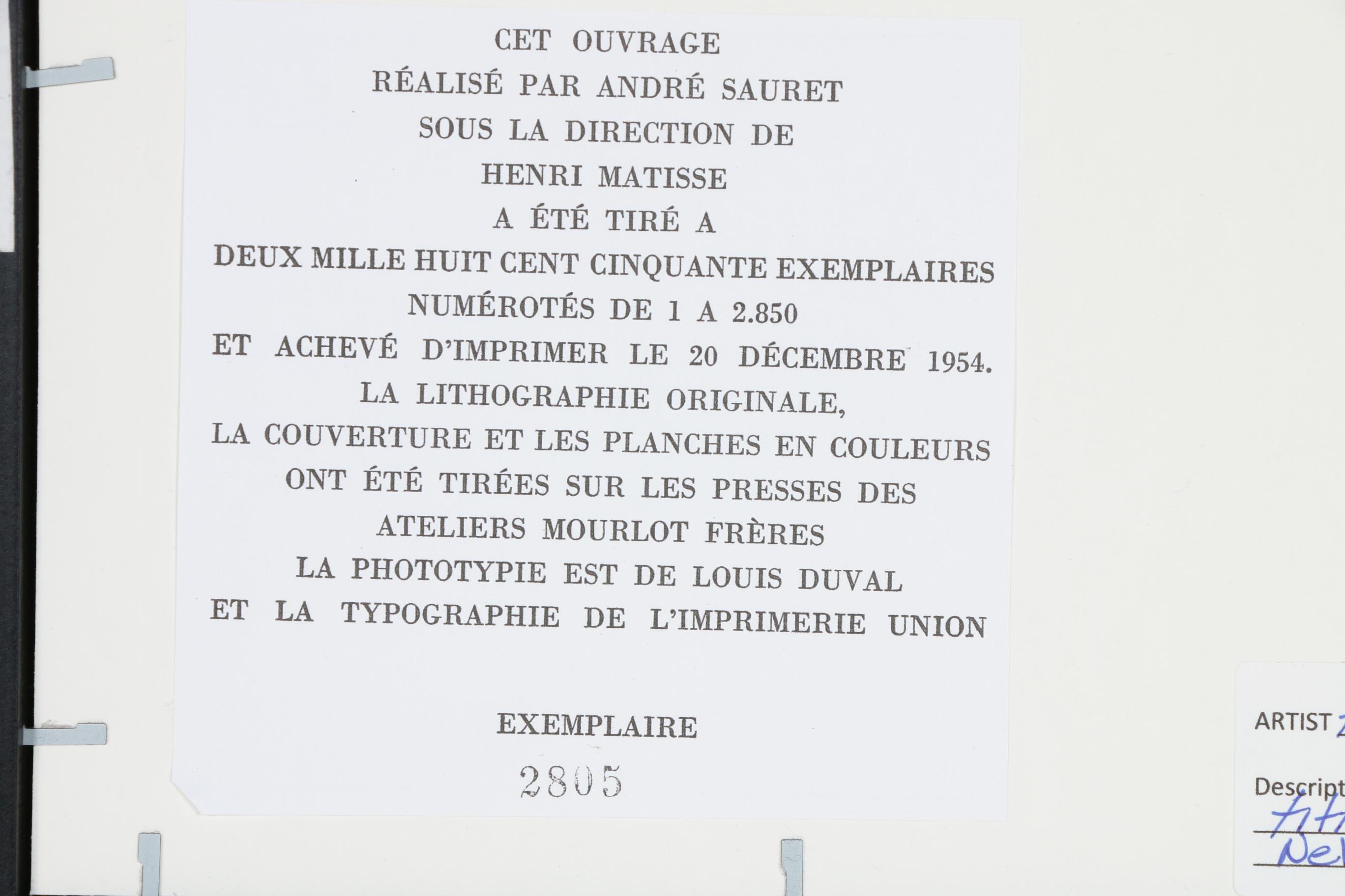 Lithograph after Henri Matisse "Mademoiselle A. Nelck", 1954