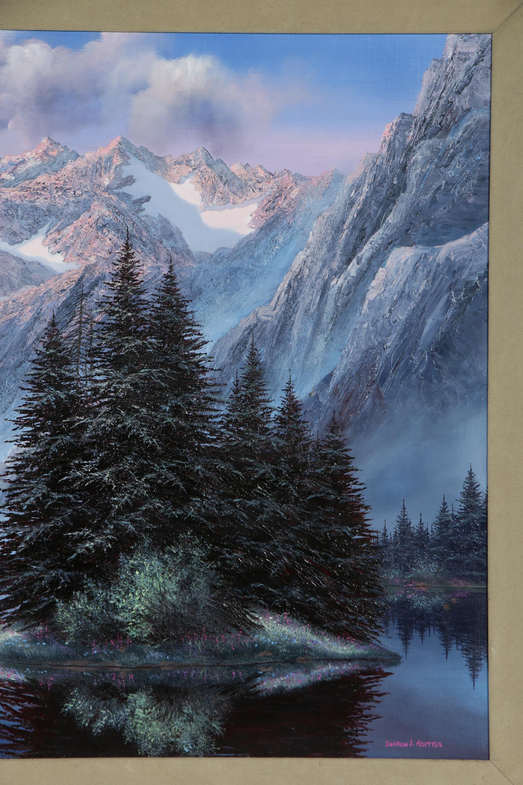 Sharon J. Achtyes Mountain Lake Landscape with Deer Oil Painting