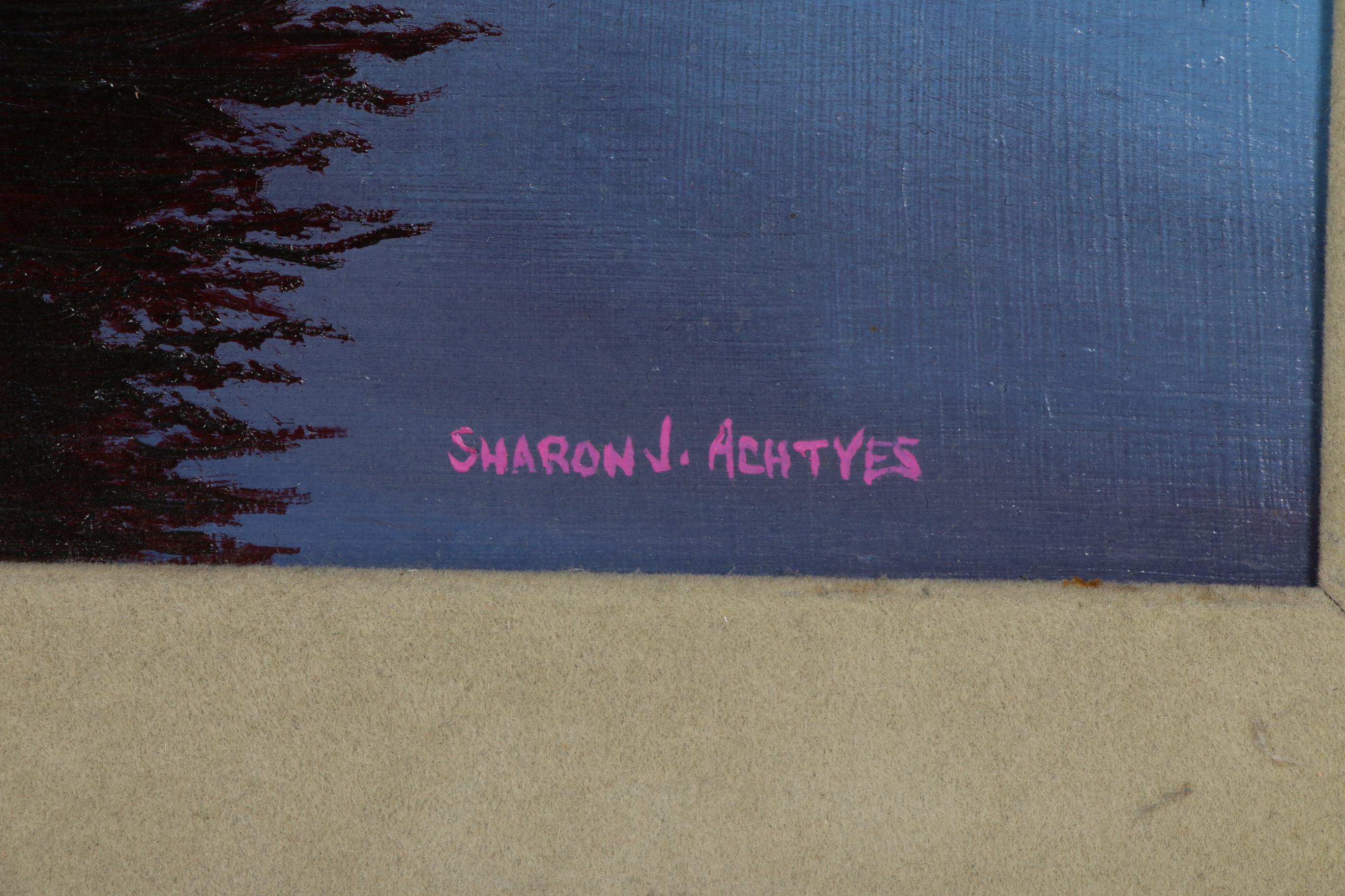 Sharon J. Achtyes Mountain Lake Landscape with Deer Oil Painting