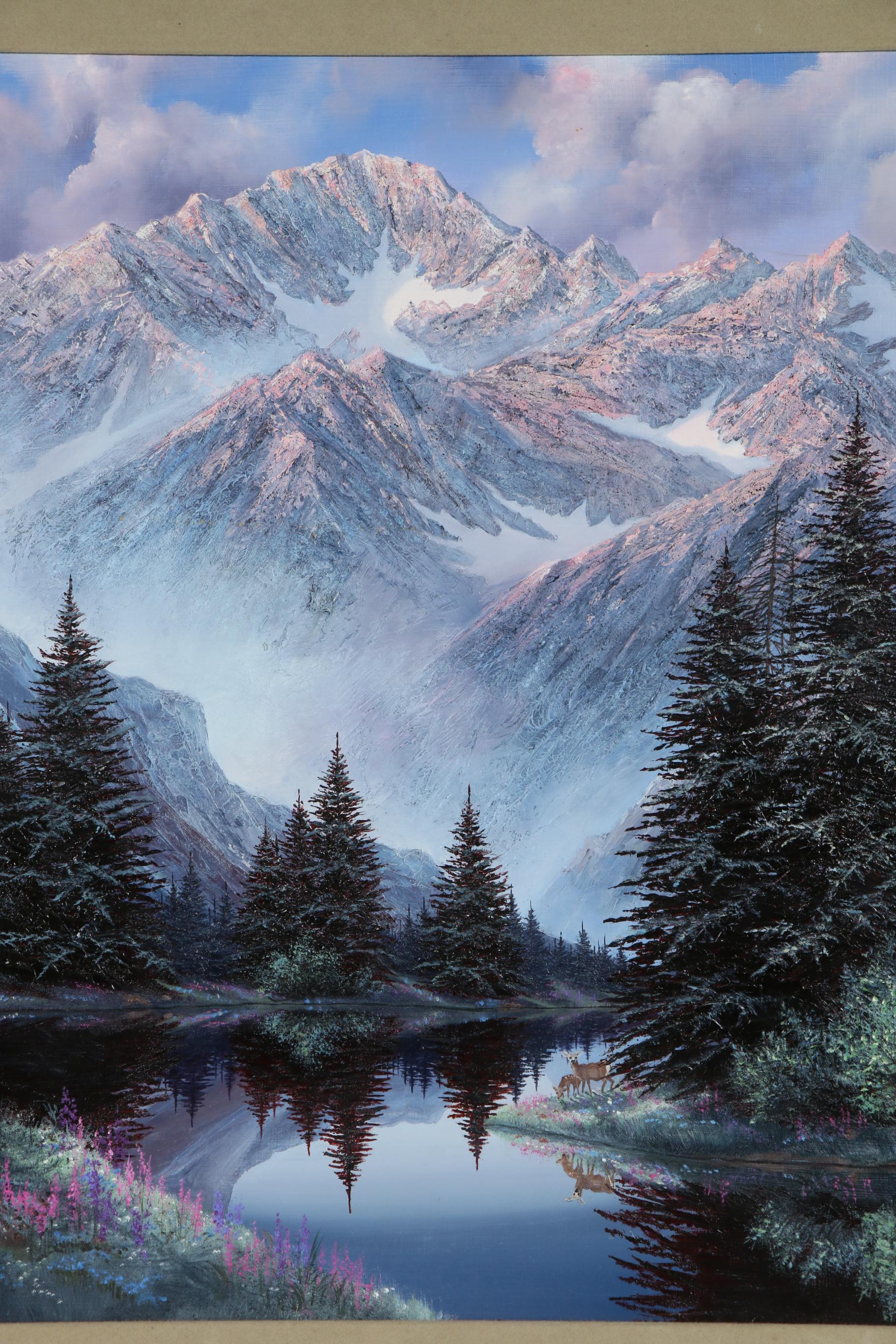 Sharon J. Achtyes Mountain Lake Landscape with Deer Oil Painting