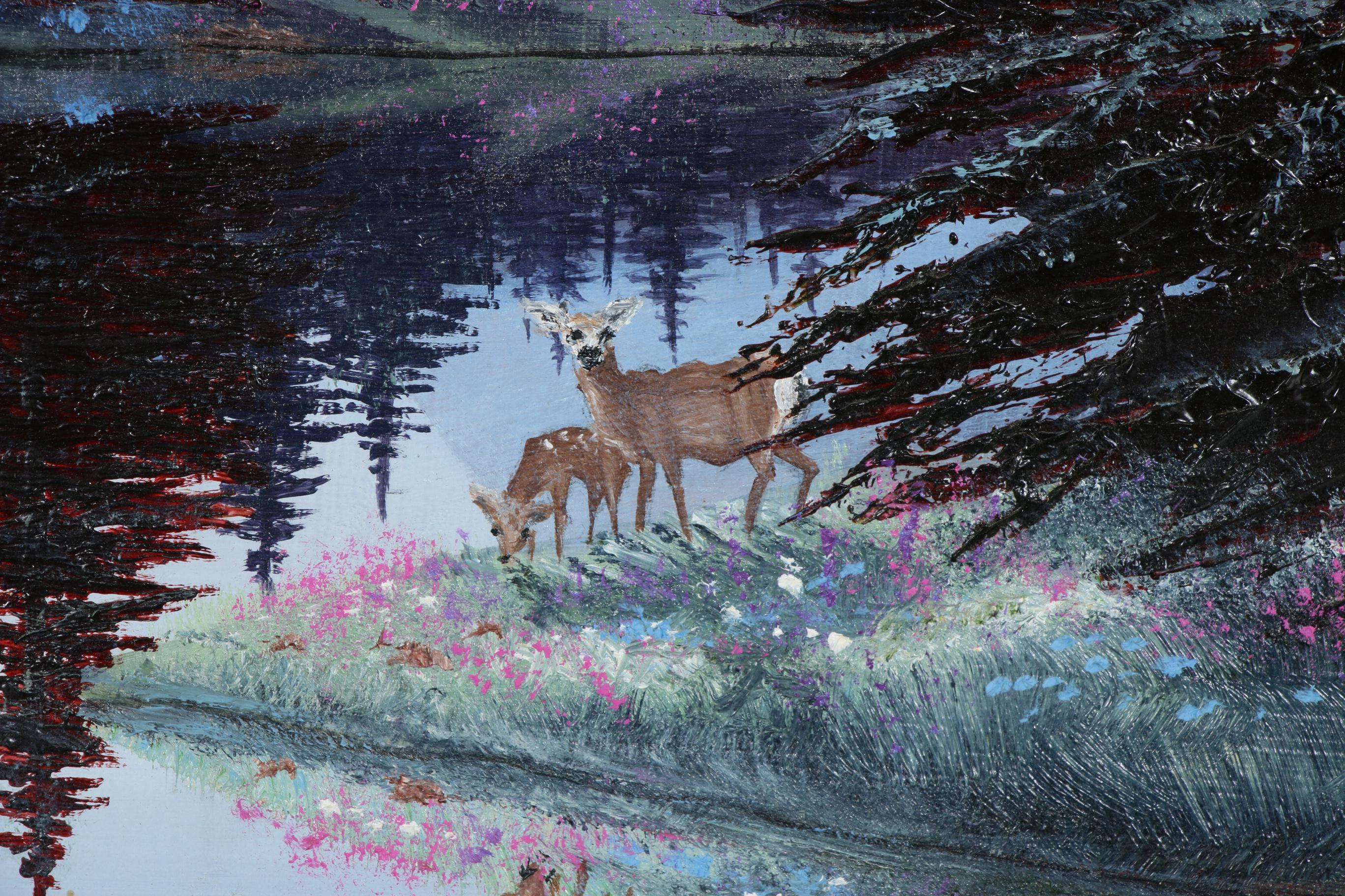 Sharon J. Achtyes Mountain Lake Landscape with Deer Oil Painting