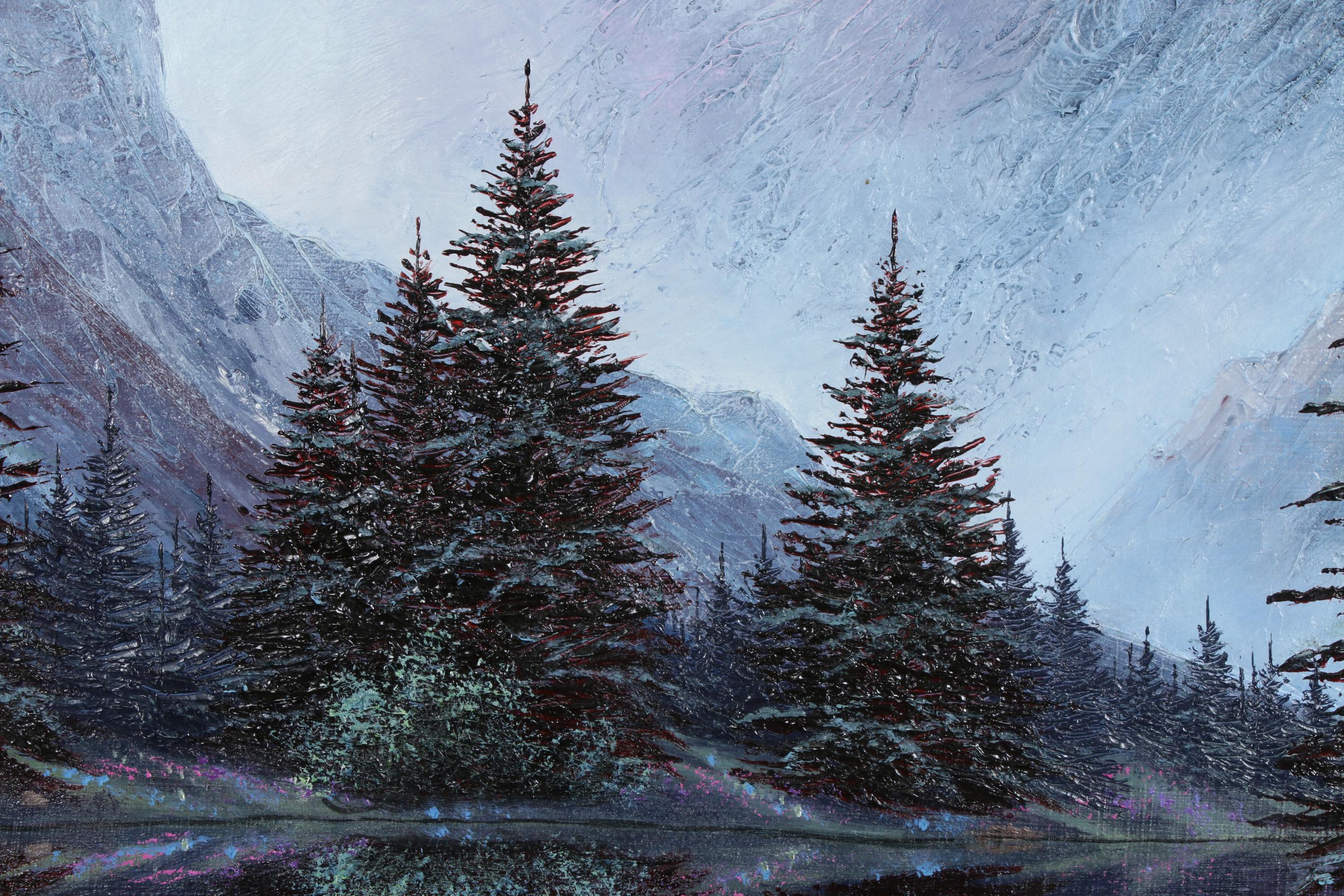 Sharon J. Achtyes Mountain Lake Landscape with Deer Oil Painting