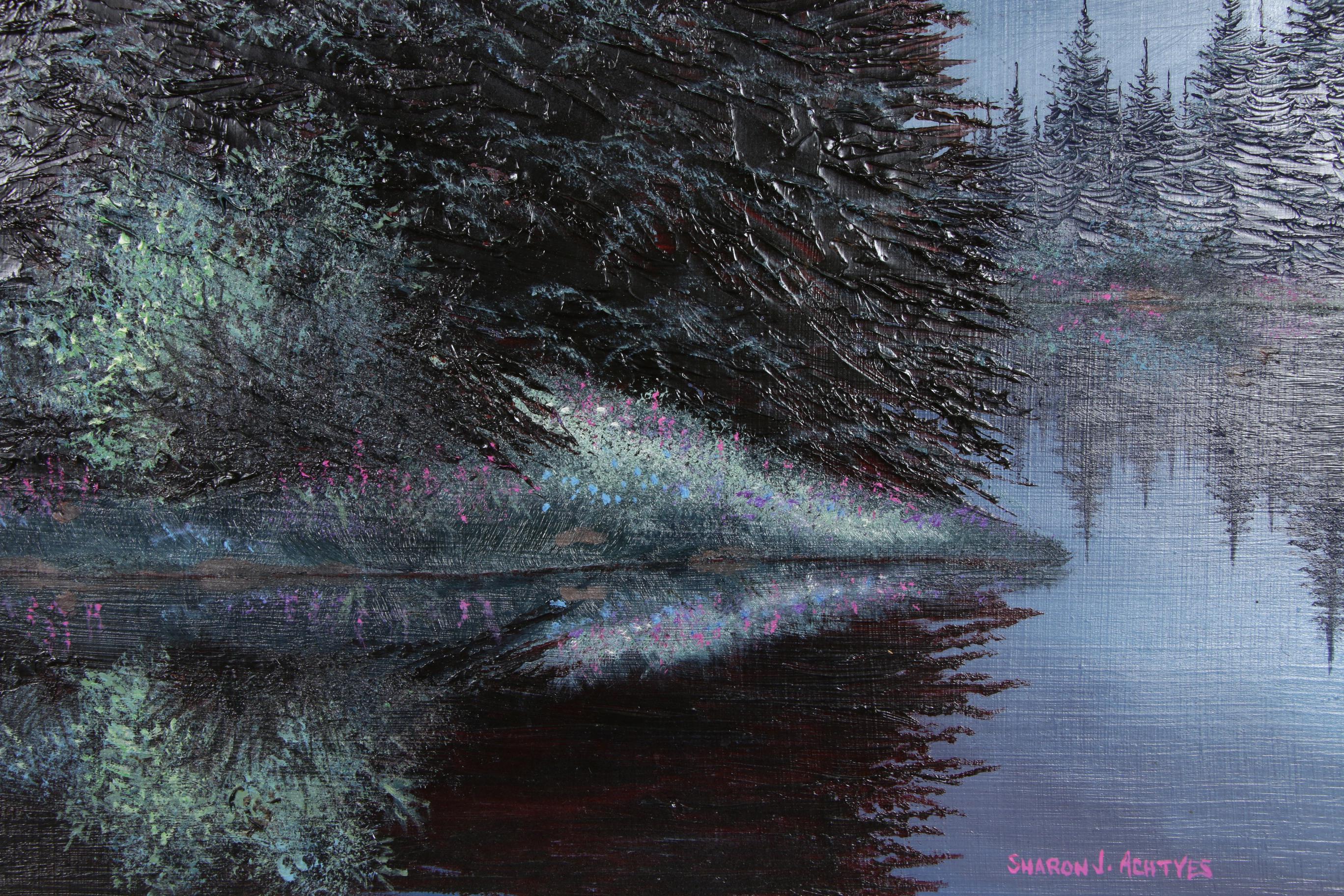 Sharon J. Achtyes Mountain Lake Landscape with Deer Oil Painting