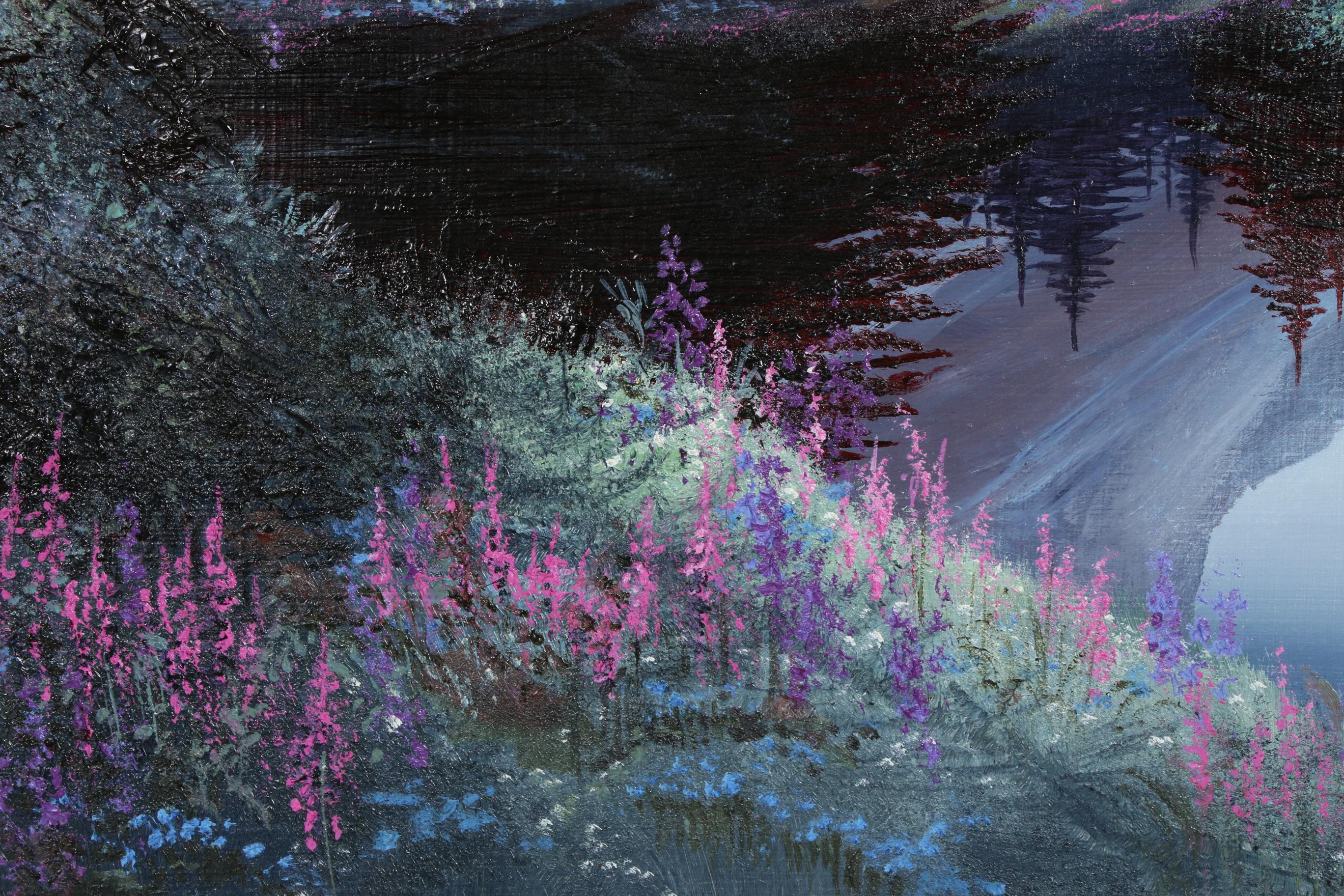 Sharon J. Achtyes Mountain Lake Landscape with Deer Oil Painting