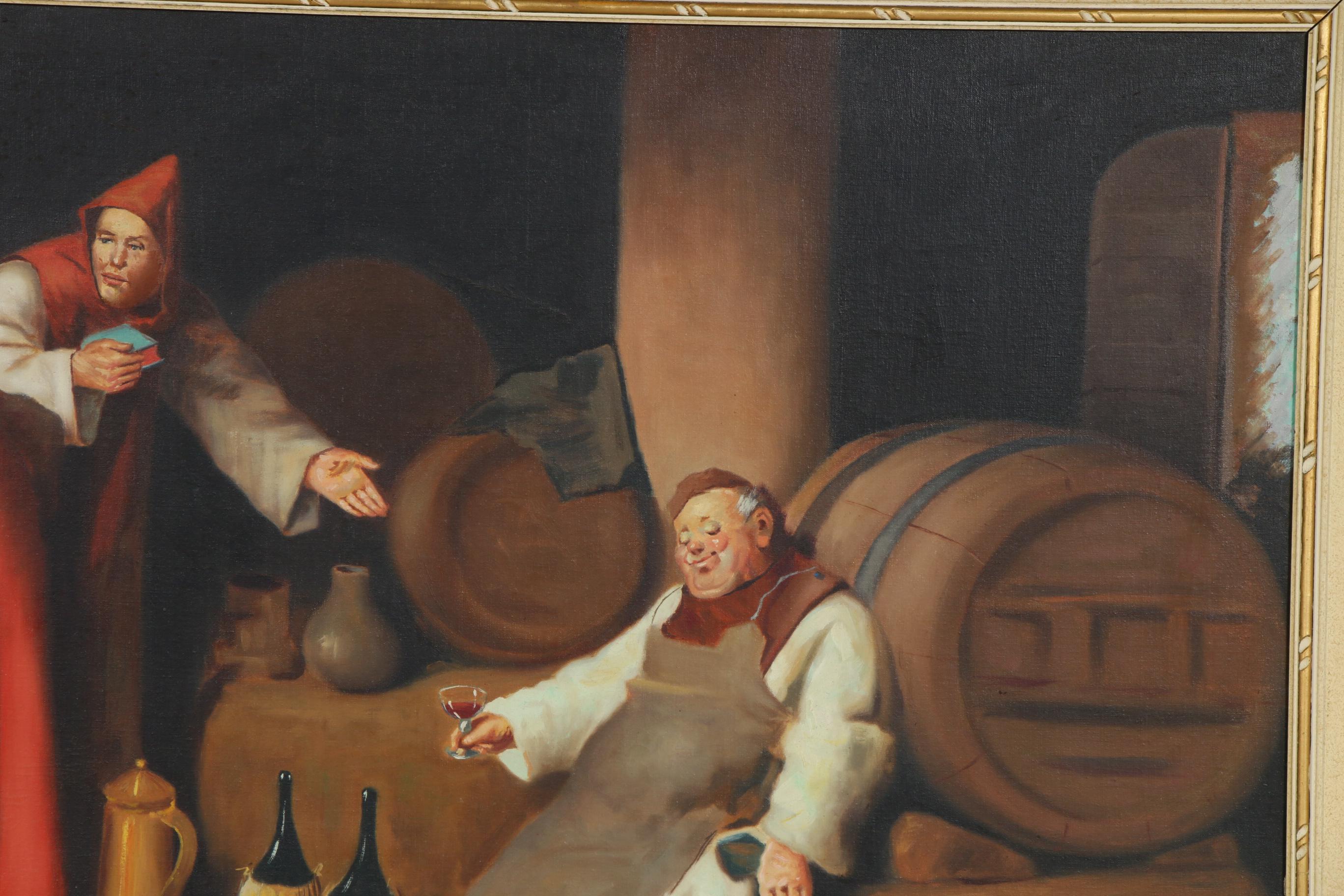 M. Giordano Monastery Wine Cellar Oil Painting, Mid to Late 20th Century