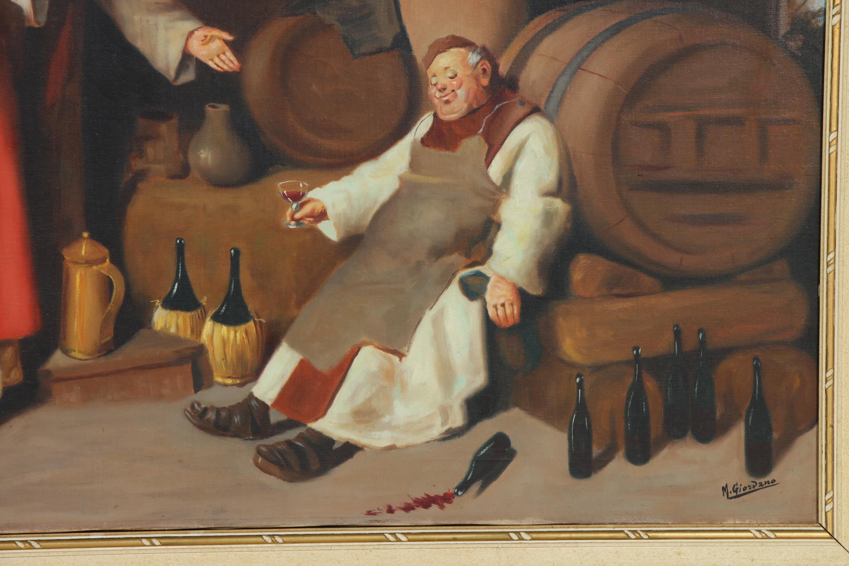 M. Giordano Monastery Wine Cellar Oil Painting, Mid to Late 20th Century