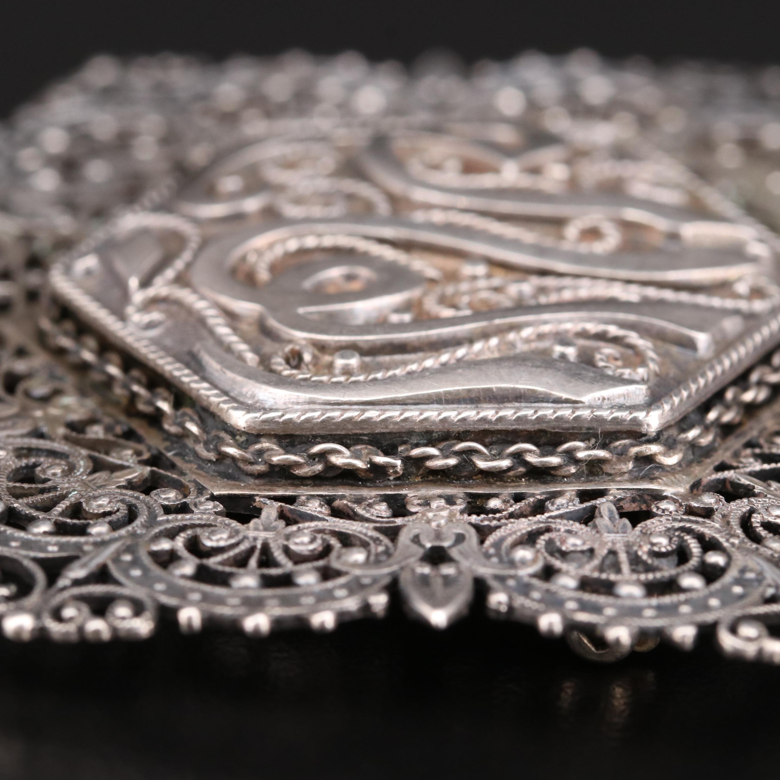 Sterling Silver Antique Islamic Filigree Brooch with Symbol of Allah