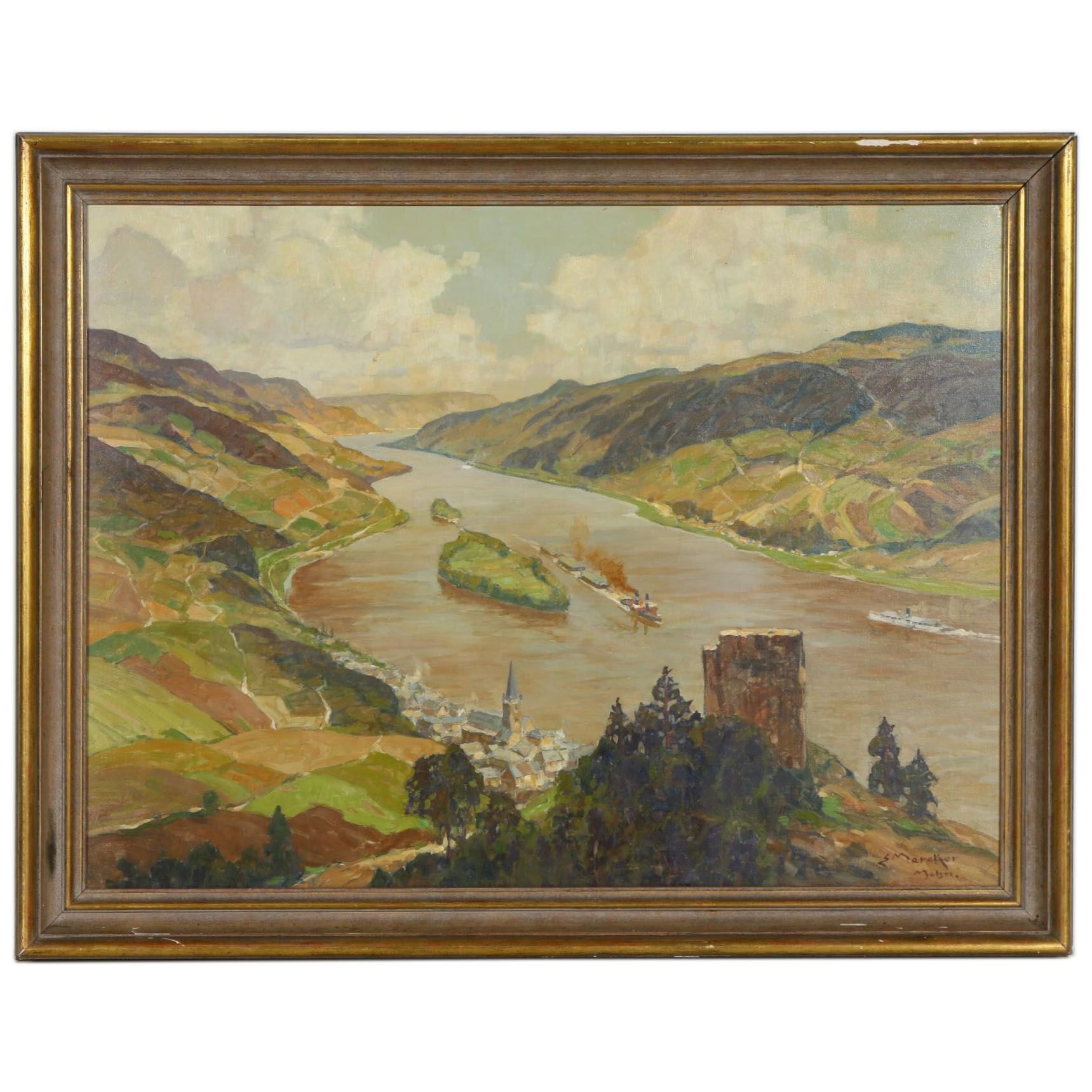 Erich Mercker Oil Painting "Rhein mit Lorch", Early 20th Century